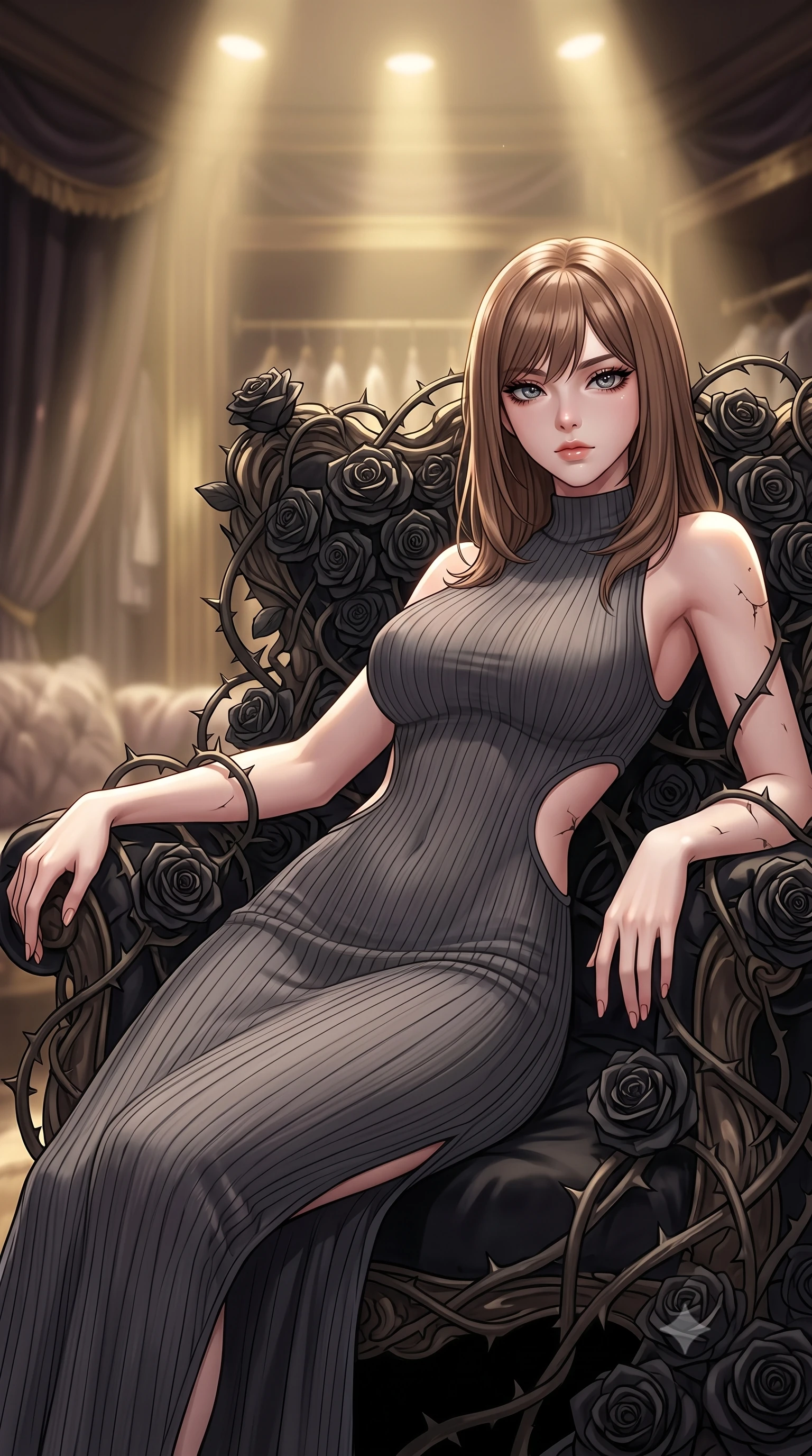 score_9, masterpiece, best quality, ultra-detailed, High-budget Anime Keyframe, East Asian woman. Low angle cowboy shot filling the entire 9:16 frame with her statuesque presence. Scenario 326: resting on a throne of black roses, thorns grazing her skin, in a velvet-lined dressing room illuminated by soft golden spotlights. Her presence is magnetic and overpowering in this high-budget anime scene. Outfit 326: a slim-fit ribbed bodycon knit garter with a strategic side cut-outs and tight-fitting silhouette. The clothing is designed to emphasize her exceptionally tall and slender 8-heads proportion. 8-heads proportion, towering silhouette, ultra-slim waist. sharp v-shaped jawline, intricate jewel-like eyes with depth, thick eyelashes, glossy lips. 2k, ultra detail, master piece, 9:16 ratio