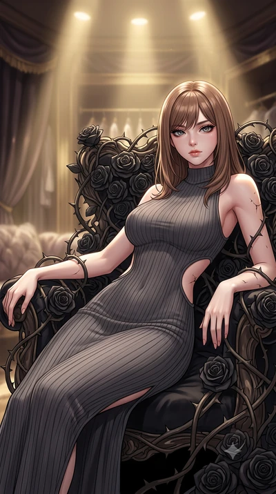 score_9, masterpiece, best quality, ultra-detailed, High-budget Anime Keyframe, East Asian woman. Low angle cowboy shot filling the entire 9:16 frame with her statuesque presence. Scenario 326: resting on a throne of black roses, thorns grazing her s
