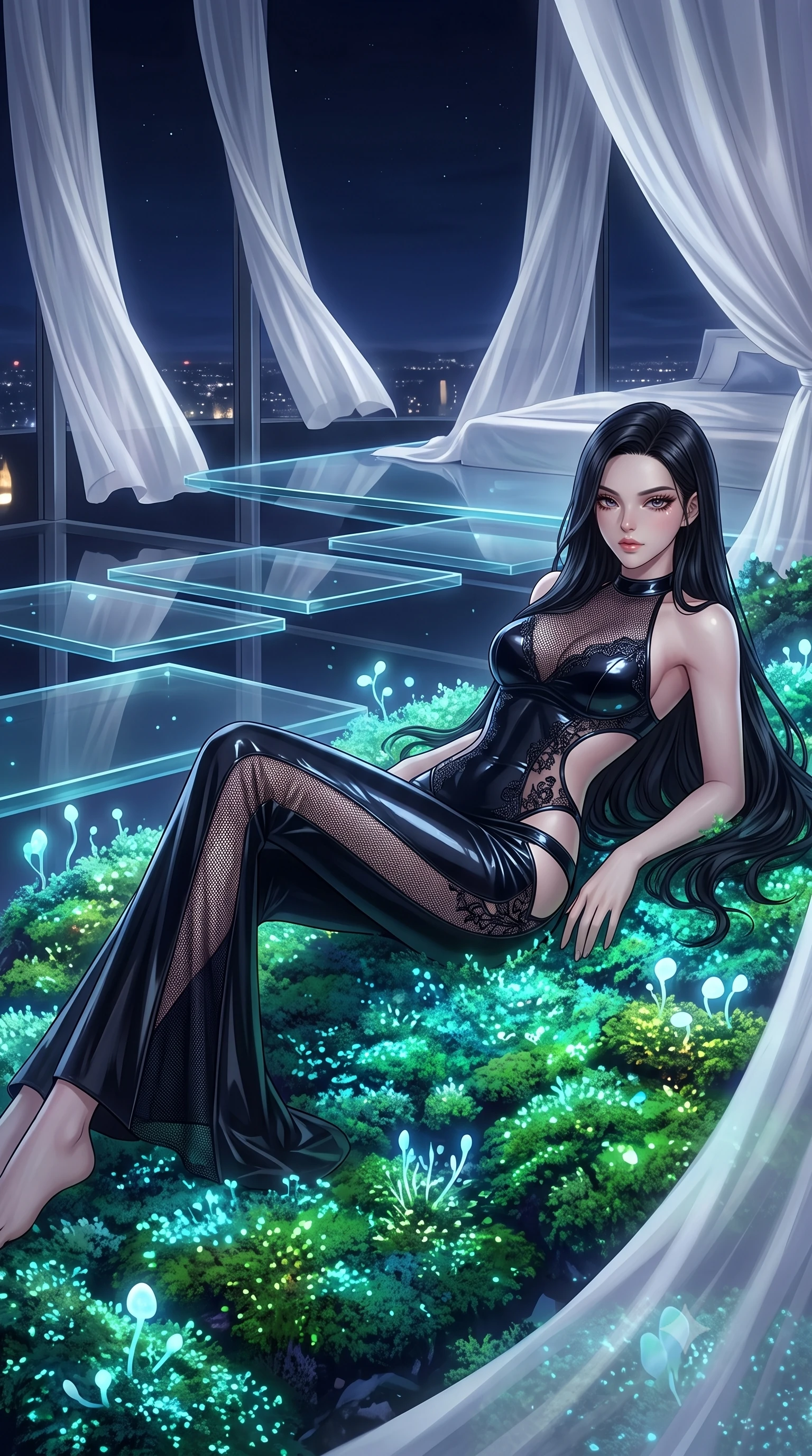 score_9, masterpiece, best quality, ultra-detailed, High-budget Anime Keyframe, East Asian woman. Low angle cowboy shot filling the entire 9:16 frame with her statuesque presence. Scenario 314: lying gracefully on a bed of bioluminescent moss inside a luxury sky-lounge with floating glass platforms and white silk drapes. Her presence is magnetic and overpowering in this high-budget anime scene. Outfit 314: a slim-fit patent leather micro-mesh with a strategic side cut-outs and delicate lace embroidery. The clothing is designed to emphasize her exceptionally tall and slender 8-heads proportion. 8-heads proportion, towering silhouette, ultra-slim waist. sharp v-shaped jawline, intricate jewel-like eyes with depth, thick eyelashes, glossy lips. 2k, ultra detail, master piece, 9:16 ratio