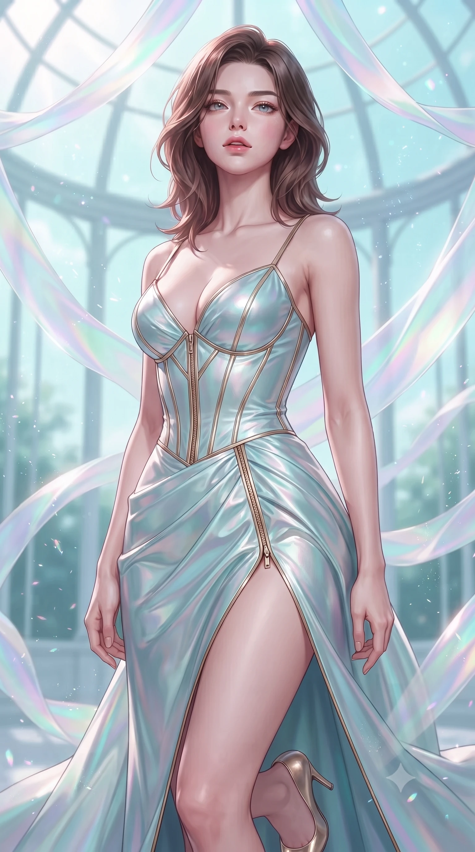 score_9, masterpiece, best quality, ultra-detailed, high-budget anime keyframe, editorial fashion photography, tasteful artistic composition, Korean woman. close-up cowboy shot from the waist and thighs up, the character dominates the composition, filling the frame with her large presence, background elements kept in soft focus. Tilting her chin up slightly with lips parted in a composed, magnetic expression, standing inside a glass pavilion draped in floating ribbons of iridescent holographic organza, fine holographic shimmer particles drifting through the bright airy atmosphere. She has an exceptionally elegant, slender, and willowy female figure with an ultra-slim waist, a gracefully sculpted slender torso, and a refined silhouette. sharp v-shaped jawline, high-bridge nose, intricate jewel-like eyes with depth, thick eyelashes, glossy lips with a natural sheen. wearing low-cut structured bodice gown in liquid pearl with high leg slit in pearl white, made of iridescent turquoise taffeta, finished with metallic gold boning and sleek zipper points, contouring every curve with an exceptionally elegant silhouette. bathed in soft airy daylight with pastel turquoise and magenta highlights. ultra-reflective glossy finish, specular highlights, metallic sheen, high-contrast stereoscopic depth, volumetric dynamic lighting, 2k, ultra detail, master piece, 9:16 ratio