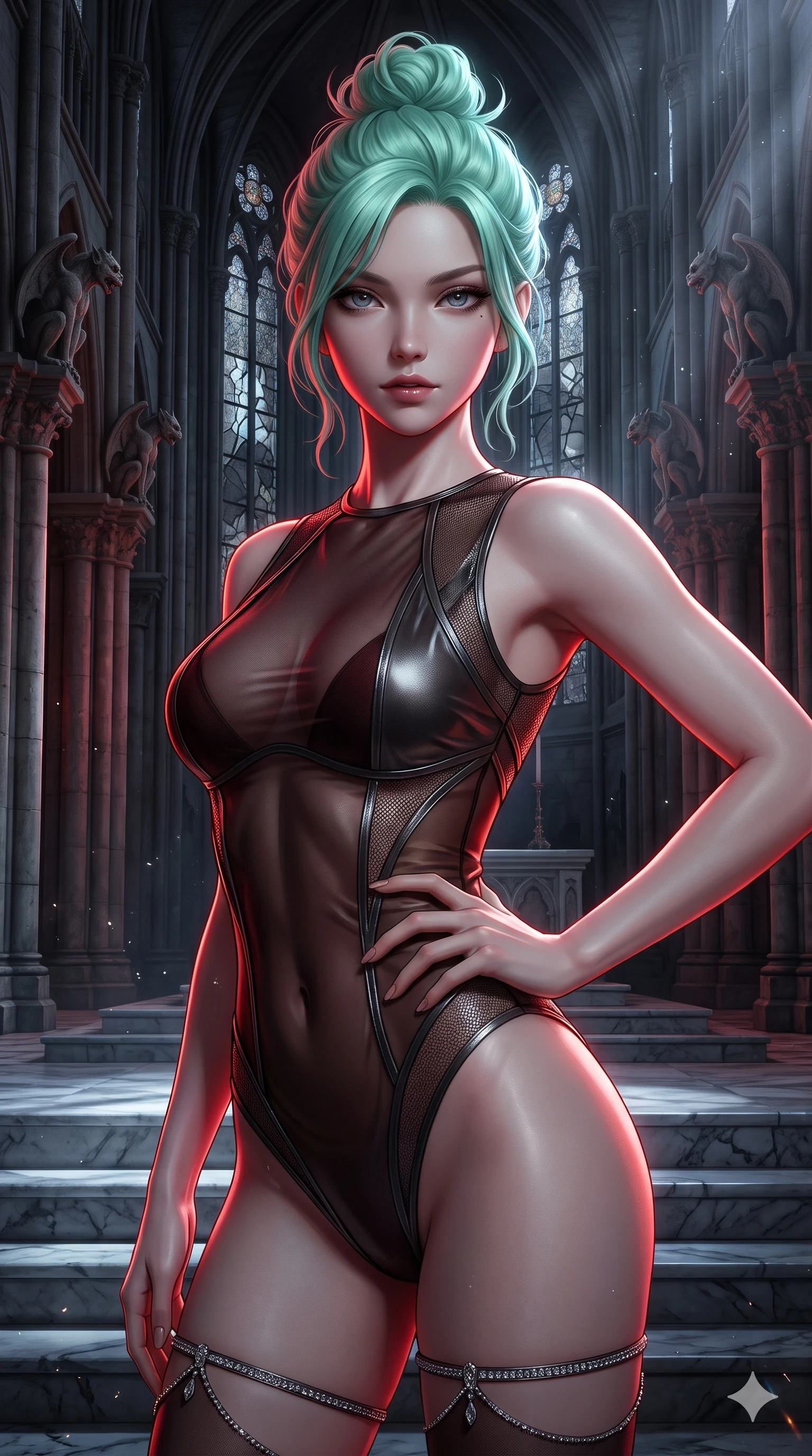 score_9, masterpiece, best quality, ultra-detailed, high-budget anime keyframe, semi-realistic 3D game render, editorial fashion photography, tasteful artistic composition, Japanese woman. close-up cowboy shot from the waist and thighs up, the character dominates the composition, filling the frame with her large presence. twisting her slender torso in a deep contrapposto stance, hips dramatically shifted to accentuate her feminine curves while holding a confident power pose with one hand on her hip beside the soaring stone nave pillars, looking into the lens with dangerous intensity. The surrounding environment is rendered in vivid detail and crisp panoramic clarity: sharp fractured stained-glass lead cames, carved stone gargoyle details, and cold marble altar step textures in deep focus. She has an exceptionally elegant, slender, and willowy female figure with an ultra-slim waist, flat toned midriff, narrow ribcage, and sculpted feminine hips creating an alluring, slim hourglass silhouette without bulk. sharp v-shaped jawline, high-bridge nose, intricate jewel-like dark sparkling eyes with hypnotic seductive depth, thick curled eyelashes, glossy parted lips with a natural wine sheen, alluring bedroom-eyes with an enigmatic smoldering smile, exuding magnetic sovereign charisma and dark avant-garde glamour, flawlessly proportioned anatomical accuracy, strict slender model proportions, natural body alignment, perfectly sculpted long slender limbs, ultra-slim waistline, clean dynamic posture without body distortion. wearing a delicate semi-translucent wet-look mesh bodysuit clinging sheerly to her sculpted torso and hip curves in dark mahogany and brushed gunmetal, made of fluid liquid jersey with seamless sculpting hold and smooth contours, finished with delicate crystal-encrusted thigh garter straps glinting in the laser glare, the liquid-tight tailored fabric clinging flawlessly to her narrow waist and rounded feminine hips, emphasizing every millimeter of her sculpted slim hourglass curves without any bulky heaviness. illuminated by moonlit altar marble bounce and sharp blood-ruby rim lights sculpting her razor-sharp jawline, narrow waist, and curvy hips. highly saturated vibrant anime colors, detailed shading with soft gradients, rich glossy textures, high-contrast stereoscopic depth, volumetric dynamic lighting, master piece, 9:16 ratio