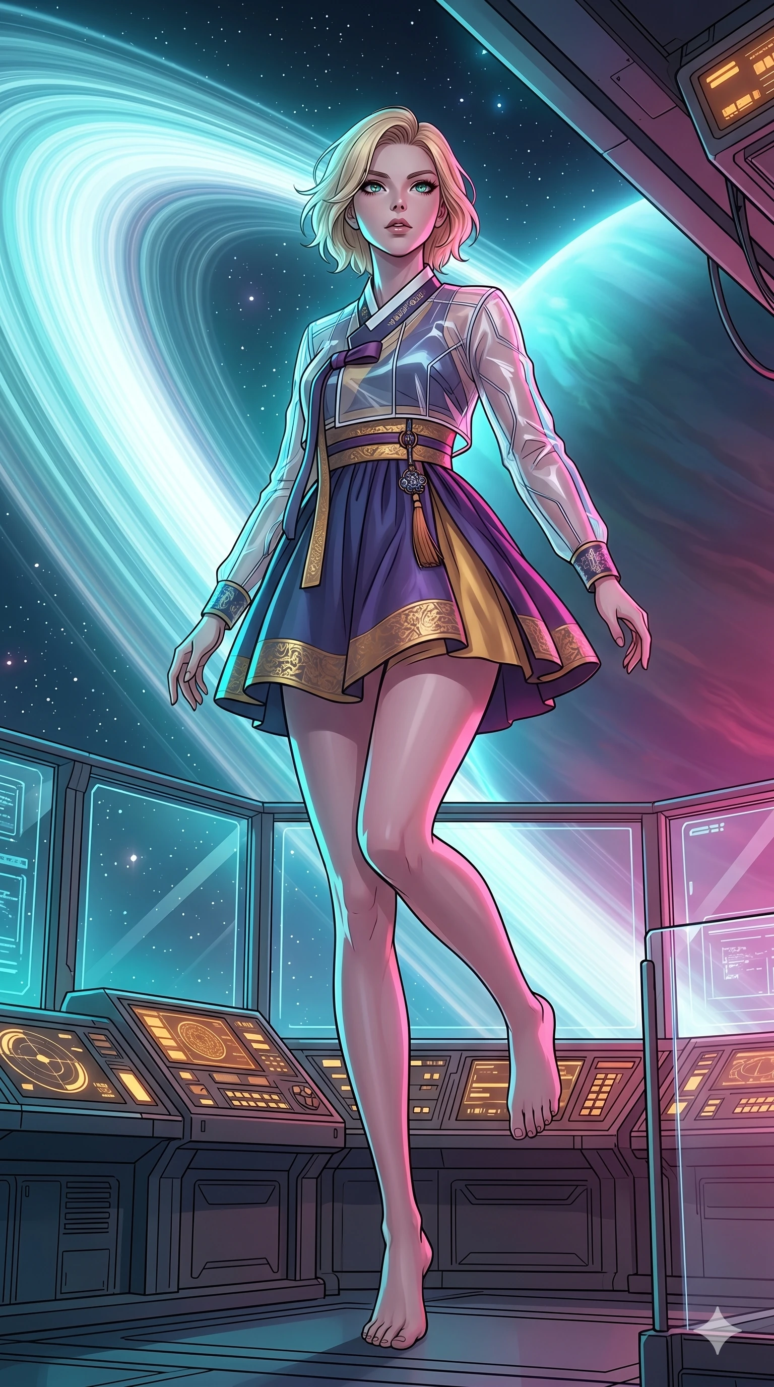 score_9, masterpiece, best quality, ultra-detailed, high-budget anime movie keyframe, cinematic anime lighting, intricate line art, Caucasian (strictly human ears) woman. Low angle cowboy shot capturing a powerful motion and statuesque presence. surveying a planetary ring from a research station balcony. She has an absolutely perfect 8-heads proportion, an exceptionally tall and slender female figure with graceful and slender proportions. strictly human anatomy, two legs only, no extra limbs, clearly defined legs and arms, perfect anatomy, perfect hands and fingers. sharp v-shaped jawline, high-bridge nose, intricate jewel-like eyes, thick eyelashes, glossy lips. Wearing Modern Traditional: Shortened cyber-hanbok with fusion silk robes and transparent panels. The scene is illuminated by dramatic atmospheric lighting and vibrant color palettes. , 2k, ultra detail, master piece, 9:16 ratio