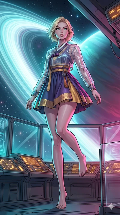 score_9, masterpiece, best quality, ultra-detailed, high-budget anime movie keyframe, cinematic anime lighting, intricate line art, Caucasian (strictly human ears) woman. Low angle cowboy shot capturing a powerful motion and statuesque presence. surv