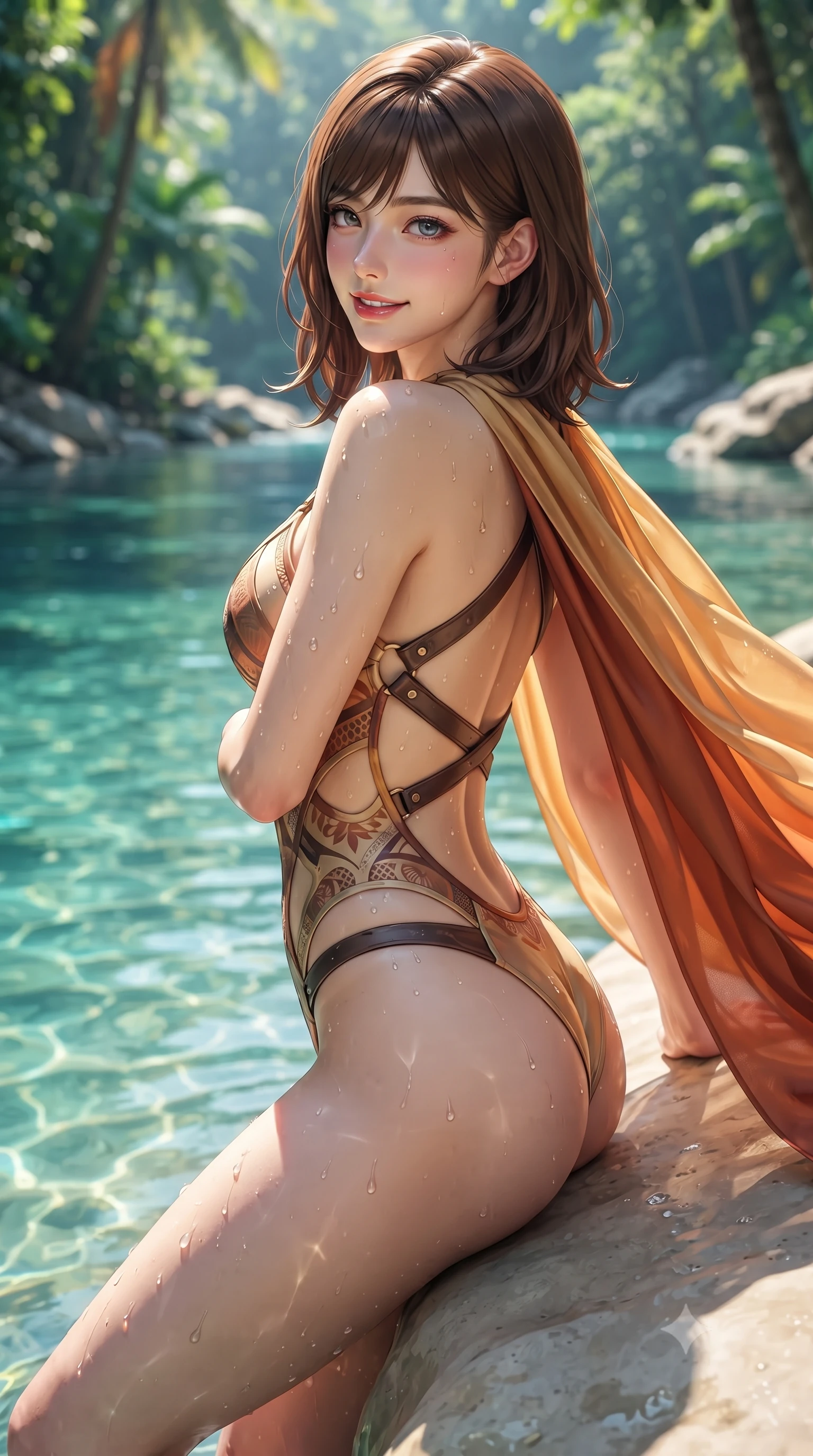 score_9, masterpiece, best quality, ultra-detailed, high-budget anime keyframe, editorial fashion photography, tasteful artistic composition, Korean woman. close-up cowboy shot from the waist and thighs up, the character dominates the composition, filling the frame with her large presence. turning over a bare shoulder with an intoxicating, teasing smile, her soft hair framing her sharp jawline as her hips angle gracefully while leaning back against the smooth limestone riverbank with hips cocked back, looking out over the translucent river with sun-kissed, teasing bedroom-eyes. The surrounding environment is rendered in vivid detail and crisp panoramic clarity. detailed swimwear fabric sheen, water droplet beads on skin, and tropical rainforest clarity in high resolution. She has an exceptionally elegant, slender, and willowy female figure with an ultra-slim waist, flat toned midriff, narrow ribcage, and sculpted feminine hips creating an alluring, slim hourglass silhouette without bulk. sharp v-shaped jawline, high-bridge nose, intricate jewel-like eyes with depth, thick eyelashes, glossy parted lips with a natural sheen, intensely captivating and seductive bedroom-eyes expression, flawlessly proportioned anatomical accuracy, strict slender model proportions, natural body alignment, perfectly sculpted long slender limbs, ultra-slim waistline, clean dynamic posture without body distortion. wearing a desert queen monokini with crossed chest straps and high-cut hip bands, worn under a sweeping organza cape in molten desert gold and burnt terracotta, made of fluid silk crepe with delicate inner corsetry boning, featuring an open-back criss-cross harness strap in dark leather, the precision-cut side openings and low-back scoop framing her graceful spine and the sensual sweep of her slim, toned hips. illuminated by intense sapphire water surface caustics carving her razor-sharp jawline, narrow waist, and curvy hips. ultra-reflective glossy finish, specular highlights, rich textural contrasts, high-contrast stereoscopic depth, volumetric dynamic lighting, 2k, ultra detail, master piece, 9:16 ratio
