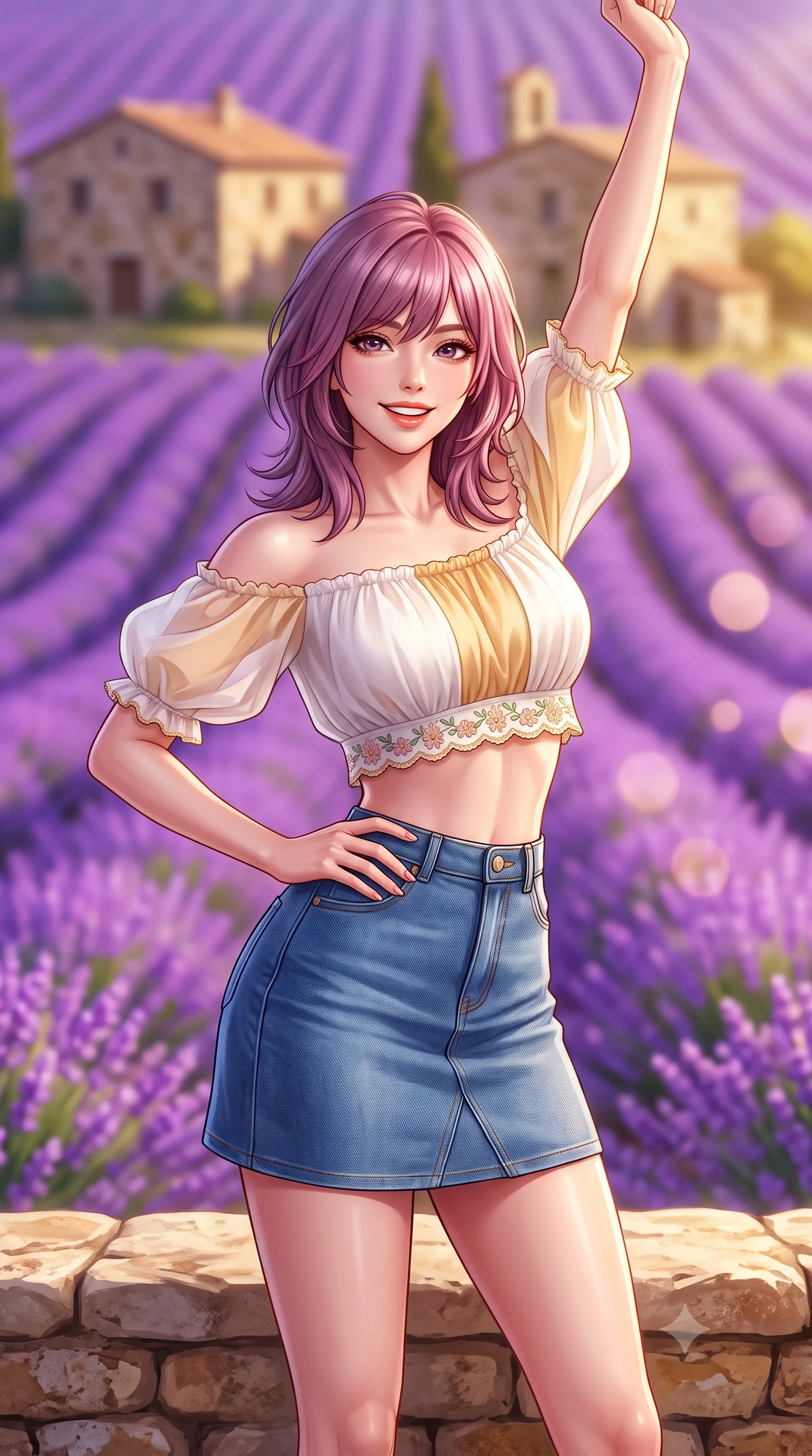 score_9, masterpiece, best quality, ultra-detailed, high-budget anime keyframe, semi-realistic 3D game render, editorial fashion photography, tasteful artistic composition, Japanese woman. close-up cowboy shot from the waist and thighs up, the character dominates the composition, filling the frame with her large presence. playfully stretching one arm overhead toward the sun, her radiant smile capturing fresh girlhood charm while her arched torso reveals an intoxicating hip contour while standing on the rustic limestone patio overlooking rolling purple lavender hills, arching her back with a radiant, carefree smile. The composition keeps background elements in soft focus with dreamy creamy bokeh. undulating purple lavender rows and ancient stone farmhouses blurred into radiant violet, lilac, and golden honey bokeh. She has an exceptionally elegant, slender, and willowy female figure with an ultra-slim waist, flat toned midriff, narrow ribcage, and sculpted feminine hips creating an alluring, slim hourglass silhouette without bulk. sharp v-shaped jawline, high-bridge nose, intricate jewel-like sparkling eyes with depth, thick eyelashes, glossy parted lips with a natural peach sheen, bright cheerful beaming smile with an enchanting and coquettish sensual glint, exuding both youthful cute charm and seductive allure, flawlessly proportioned anatomical accuracy, strict slender model proportions, natural body alignment, perfectly sculpted long slender limbs, ultra-slim waistline, clean dynamic posture without body distortion. wearing an off-shoulder puff-sleeve crop blouse with a tight high-waisted denim A-line mini skirt emphasizing her curvy hips in pure alabaster white and sun-kissed gold, woven from layered gossamer organza with weightless flutter, complemented by delicate embroidered floral trim along the hem, the form-fitting cut adhering flawlessly to her sculpted flat midriff and slender torso, emphasizing her long leg lines and perfectly proportioned willowy build. illuminated by warm terracotta terrace bounce fill sharply sculpting her sculpted collarbones, ultra-slim waist, and curvy hips. highly saturated vibrant anime colors, detailed shading with soft gradients, rich glossy textures, high-contrast stereoscopic depth, volumetric dynamic lighting, master piece, 9:16 ratio