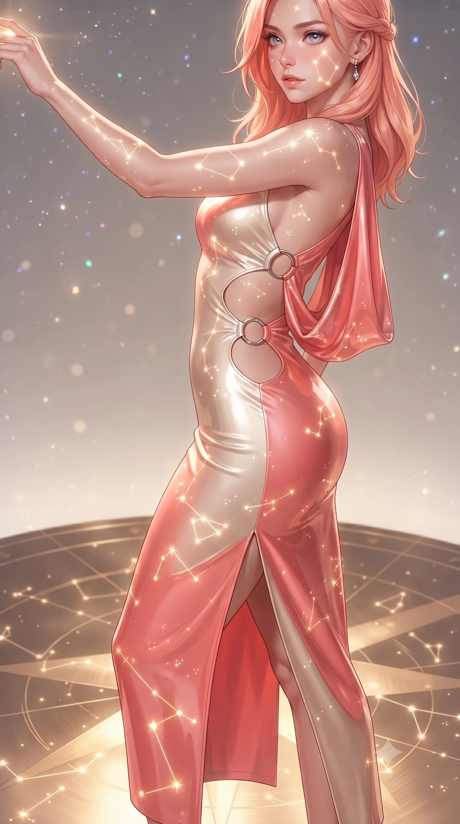 score_9, masterpiece, best quality, ultra-detailed, high-budget anime keyframe, editorial fashion photography, tasteful artistic composition, Japanese woman. close-up cowboy shot from the waist and thighs up, the character dominates the composition, filling the frame with her large presence. extending one arm gracefully toward the light while her torso arches in a sleek, alluring curve with magnetic intensity while pivoting dynamically on a polished brass star-chart floor as glowing constellation glyphs project light across her figure. The composition keeps background elements in soft focus with creamy bokeh. sparkling holographic stardust scattering soft glowing light across a celestial backdrop. She has an exceptionally elegant, slender, and willowy female figure with an ultra-slim waist, a gracefully sculpted slender torso, toned flat midriff, and a refined slim silhouette. sharp v-shaped jawline, high-bridge nose, intricate jewel-like eyes with depth, thick eyelashes, glossy lips with a natural sheen, flawlessly proportioned anatomical accuracy, strict slender model proportions, natural body alignment, perfectly sculpted long slender limbs, ultra-slim waistline, clean dynamic posture without body distortion. wearing a precision-fitted liquid jersey bodycon dress with a dramatic draped cowl back that swoops down to her waist and a high side slit in radiant coral pink and champagne ivory, formed from high-gloss patent material with specular light reflections, detailed with polished silver rings connecting the daring side-waist cutouts, the form-contouring material adhering flawlessly to her sculpted flat midriff and slender torso, emphasizing her long leg lines and perfectly proportioned willowy build. illuminated by glowing holographic star glyphs and crisp specular highlights on polished metal. ultra-reflective glossy finish, specular highlights, metallic sheen, high-contrast stereoscopic depth, volumetric dynamic lighting, 2k, ultra detail, master piece, 9:16 ratio