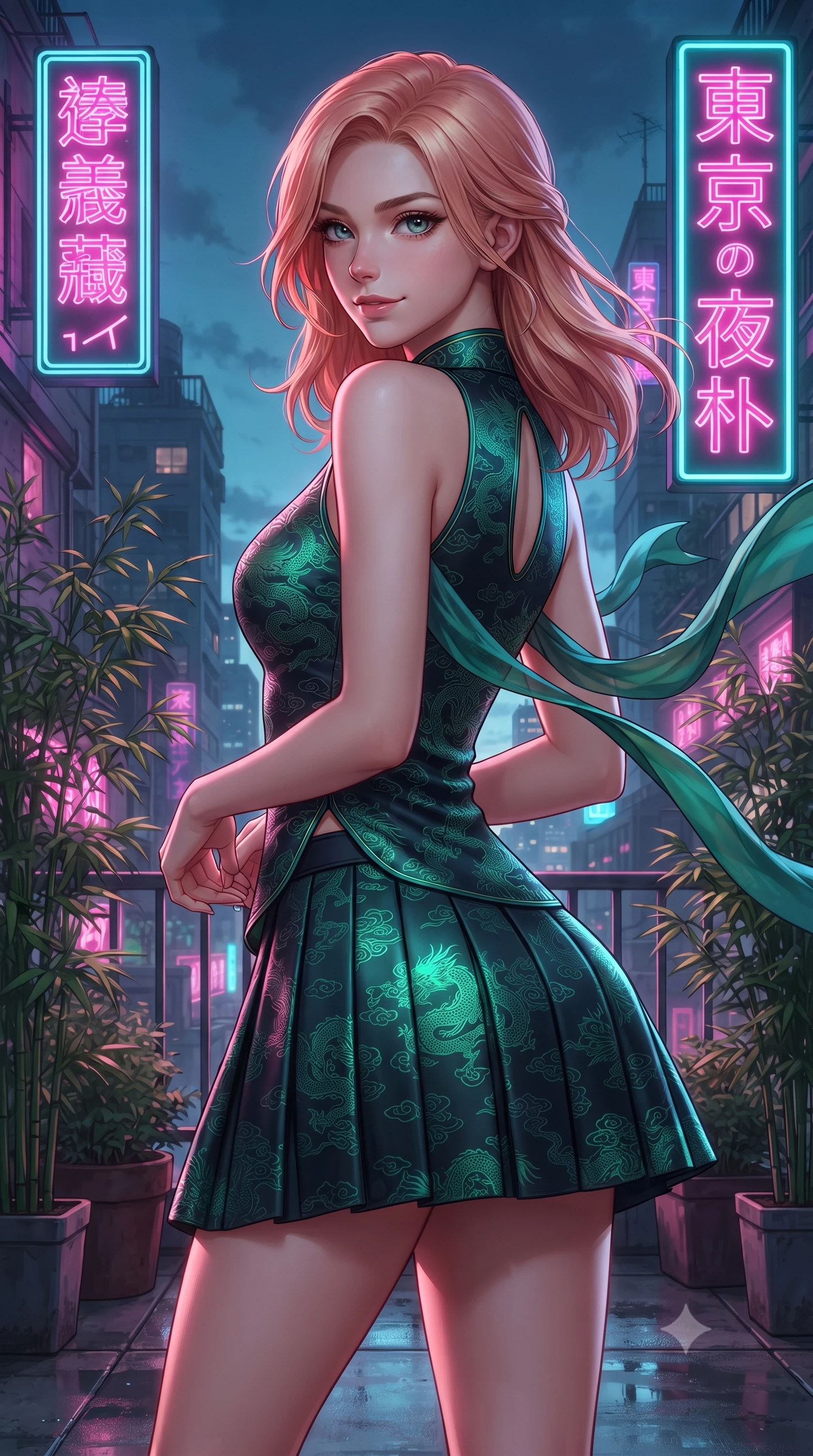 score_9, masterpiece, best quality, ultra-detailed, high-budget anime keyframe, editorial fashion photography, tasteful artistic composition, Japanese woman. close-up cowboy shot from the waist and thighs up, the character dominates the composition, filling the frame with her large presence. posing in an alluring rear three-quarter angle, turning over a bare shoulder with an intoxicating gaze, her hips cocked back to highlight her slim hourglass curve while twisting her slender torso in an alluring contrapposto stance among potted bamboo, vertical neon signs painting her curves in electric pink and cyan. The surrounding environment is rendered in vivid detail and crisp panoramic clarity: sharp neon glass tube filaments, wet concrete roof textures, and iron railing bolts in deep focus. She has an exceptionally elegant, slender, and willowy female figure with an ultra-slim waist, flat toned midriff, narrow ribcage, and sculpted feminine hips creating an alluring, slim hourglass silhouette without bulk. sharp v-shaped jawline, high-bridge nose, intricate jewel-like dark sparkling almond eyes with depth, thick lashes, glossy parted lips with a natural rose-plum sheen, bright alluring and coquettish smile with bedroom-eyes, exuding both timeless oriental elegance and sovereign high-fashion allure, flawlessly proportioned anatomical accuracy, strict slender model proportions, natural body alignment, perfectly sculpted long slender limbs, ultra-slim waistline, clean dynamic posture without body distortion. wearing a sleeveless modern qipao top with an elegant teardrop chest keyhole cutout paired with a curve-hugging pleated mini skirt in deep midnight obsidian and luminous imperial jade green, made of rich jacquard silk with intricate embossed dragon and cloud motifs, accented with flowing gossamer silk ribbons that flutter dynamically in the evening breeze, the form-fitting tailored bodice adhering flawlessly to her sculpted flat midriff and slender torso, emphasizing her long leg lines and perfectly proportioned willowy build. illuminated by rooftop garden amber accents and sharp laser-cyan rim lighting sculpting her razor-sharp jawline, narrow waist, and curvy hips. ultra-reflective glossy finish, specular highlights, rich textural contrasts, high-contrast stereoscopic depth, volumetric dynamic lighting, 2k, ultra detail, master piece, 9:16 ratio