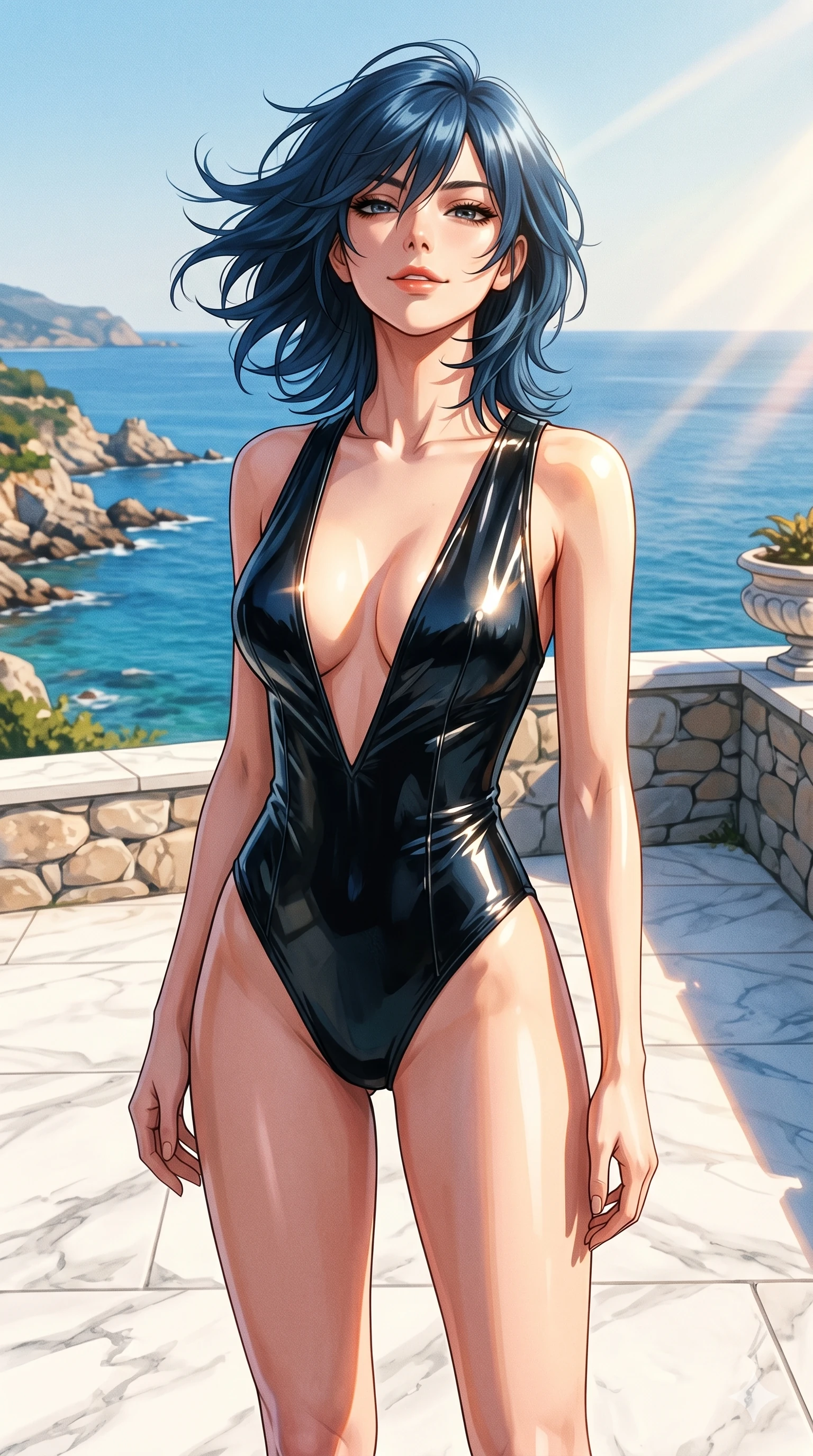 score_9, masterpiece, best quality, ultra-detailed, high-budget anime keyframe, editorial fashion photography, tasteful artistic composition, Caucasian woman, strictly human ears. cowboy shot from the thighs up, character and outfit filling the frame for maximum editorial presence. posing with a bedroom-eyes half-smile, tilting her head back to let the wind blow her hair standing on a white marble patio overlooking a sun-drenched coast. She has an absolutely perfect 8-heads proportion, an exceptionally tall and slender female figure with impossibly long slender legs and an ultra-slim waist. V-shaped jawline, high-bridge nose, intricate jewel-like eyes with depth, thick eyelashes, glossy lips with a natural sheen. wearing a glove-like wet-look black vinyl bodysuit with an ultra-deep plunging V-neckline. drenched in brilliant afternoon sunlight casting sharp, warm rays that highlight her athletic build. 2k, ultra detail, master piece, 9:16 ratio