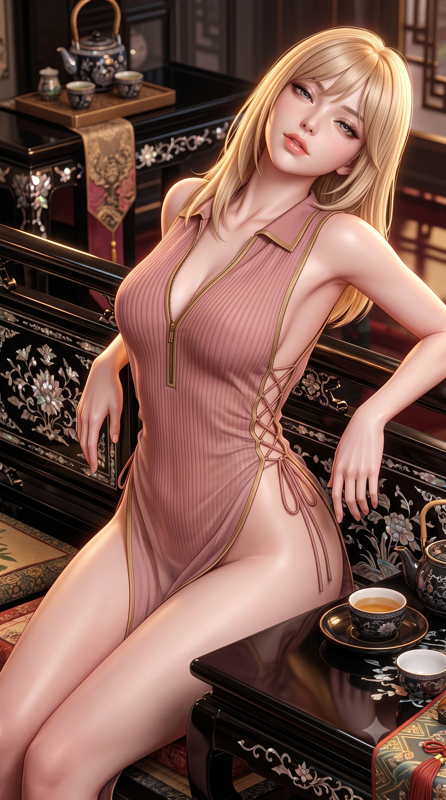 score_9, masterpiece, best quality, ultra-detailed, high-budget anime keyframe, semi-realistic 3D game render, editorial fashion photography, tasteful artistic composition, Japanese woman. close-up cowboy shot from the waist and thighs up, the character dominates the composition, filling the frame with her large presence. leaning back against the balustrade with relaxed seductive grace, head tilted back slightly while casting a hypnotic, heavy-lidded gaze while leaning forward over the low tea table with hips cocked back, looking into the lens with an intoxicating, smoldering bedroom-gaze. The surrounding environment is rendered in vivid detail and crisp panoramic clarity: sharp iridescent mother-of-pearl inlay facets, high-gloss black lacquer reflections, and fine silk embroidery in deep focus. She has an exceptionally elegant, slender, and willowy female figure with an ultra-slim waist, flat toned midriff, narrow ribcage, and sculpted feminine hips creating an alluring, slim hourglass silhouette without bulk. sharp v-shaped jawline, high-bridge nose, sparkling eyes with hypnotic seductive depth, thick curled eyelashes, glossy parted lips with a natural dewy peach sheen, alluring bedroom-eyes with an enchanting coquettish smile, exuding magnetic siren charisma and sophisticated glamour, flawlessly proportioned anatomical accuracy, strict slender model proportions, natural body alignment, perfectly sculpted long slender limbs, ultra-slim waistline, clean dynamic posture without body distortion. wearing a retro-chic ribbed knit polo bodysuit with a plunging front zipper and high-cut leg openings in dusky blush rose and antique gold trims, made of sheer gossamer chiffon that drapes softly against skin with airy translucence, featuring fine criss-cross lace-up side ties revealing tantalizing glimpses of her hip curve, the high-slit wrap tailoring accentuating her ultra-slim waistline and the enchanting curve of her feminine hips with alluring seductive charm. illuminated by lacquer specular highlights and sharp warm-gold rim lights defining her razor-sharp jawline, narrow waist, and curvy hips. highly saturated vibrant anime colors, detailed shading with soft gradients, rich glossy textures, high-contrast stereoscopic depth, volumetric dynamic lighting, master piece, 9:16 ratio