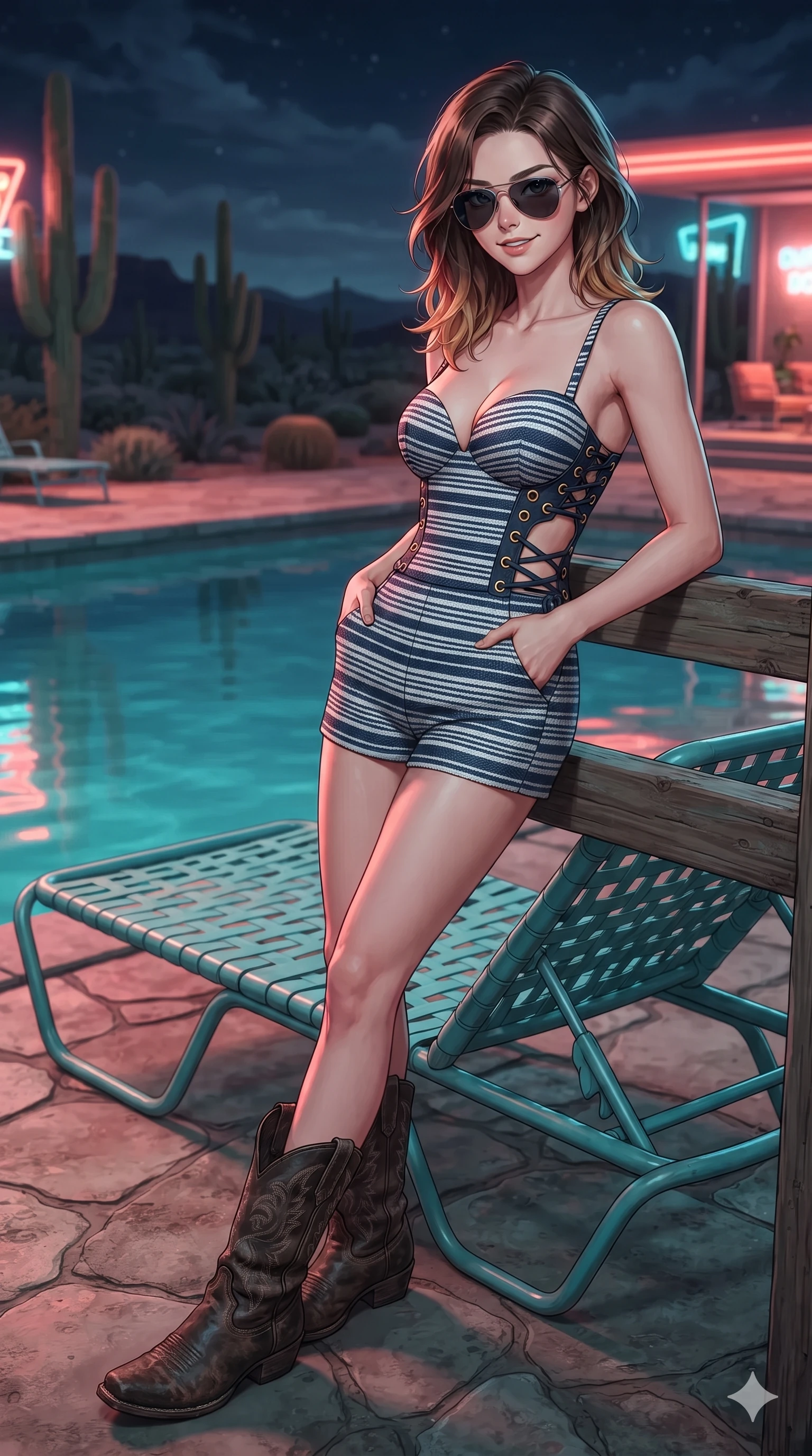 score_9, masterpiece, best quality, ultra-detailed, high-budget anime keyframe, editorial fashion photography, tasteful artistic composition, Korean woman. close-up cowboy shot from the waist and thighs up, the character dominates the composition, filling the frame with her large presence. leaning against the timber guardrail with hips cocked back, looking through dark sunglasses with an alluring, confident half-smile while lounging back across a vintage turquoise plastic pool lounger propped on both elbows, her flat midriff and feminine hips bathed in vibrant coral and cyan neon. The surrounding environment is rendered in vivid detail and crisp panoramic clarity: sharp pool water ripple surface reflections, saguaro cactus ribbed spine texture, and concrete pool coping in deep focus. She has an exceptionally elegant, slender, and willowy female figure with an ultra-slim waist, flat toned midriff, narrow ribcage, and sculpted feminine hips creating an alluring, slim hourglass silhouette without bulk. sharp v-shaped jawline, high-bridge nose, sparkling eyes with hypnotic seductive depth, thick curled eyelashes, glossy parted lips with a natural dewy peach sheen, alluring bedroom-eyes with an enchanting coquettish smile, exuding magnetic siren charisma and sophisticated glamour, flawlessly proportioned anatomical accuracy, strict slender model proportions, natural body alignment, perfectly sculpted long slender limbs, ultra-slim waistline, clean dynamic posture without body distortion. wearing a plunging sweetheart neckline leatherette bustier with side-waist diamond cutouts contouring her ribcage in French Riviera navy and optic white with gold grommets, made of sheer contouring power-mesh with western filigree flocking patterns, complemented by rugged distressed leather motorcycle boots with silver buckle hardware, the form-contouring material adhering flawlessly to her sculpted flat midriff and slender torso, emphasizing her long leg lines and perfectly proportioned willowy build. bathed in the vibrant, high-contrast neon glow of electric turquoise and hot-coral tubes reflecting dynamically off pool water and skin. ultra-reflective glossy finish, specular highlights, rich textural contrasts, high-contrast stereoscopic depth, volumetric dynamic lighting, 2k, ultra detail, master piece, 9:16 ratio