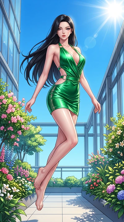 score_9, masterpiece, best quality, ultra-detailed, high-budget anime keyframe, semi-realistic 3D game render, editorial fashion photography, tasteful artistic composition, Korean woman. low angle full-body shot from head to toe showing her feet, fil