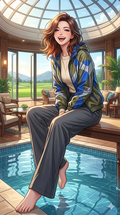score_9, masterpiece, best quality, ultra-detailed, high-budget anime keyframe, vibrant anime aesthetic, Korean woman. low angle full-body shot from head to toe showing her feet, filling the entire 9:16 vertical frame with her statuesque presence, st