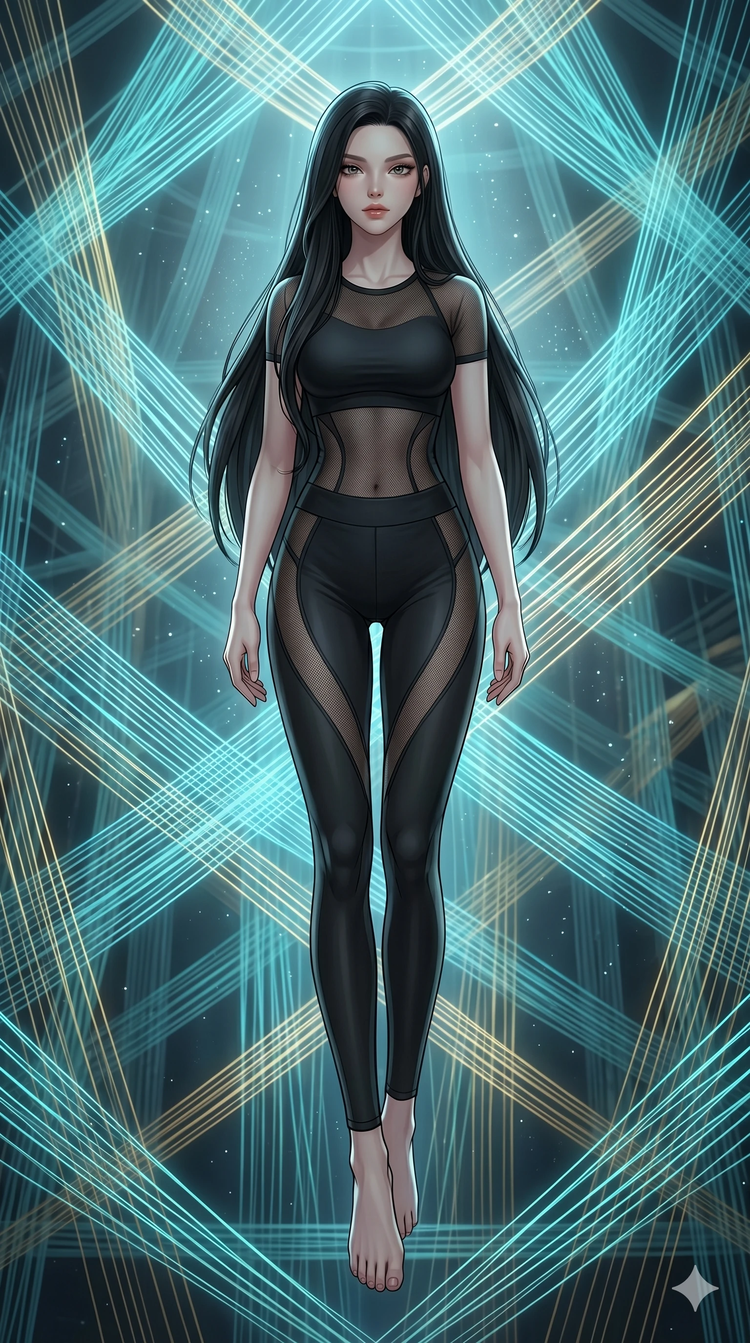 score_9, masterpiece, best quality, ultra-detailed, high-budget anime keyframe, Korean woman. low angle full-body shot filling the entire 9:16 frame with her statuesque presence, stretching the vertical silhouette. floating suspended in an ethereal loom room where millions of luminescent cyan and gold threads intersect and weave geometric patterns. She has an absolutely perfect 8-heads proportion, an exceptionally tall and slender female figure with impossibly long slender legs and an ultra-slim waist. V-shaped jawline, high-bridge nose, intricate jewel-like eyes with depth, thick eyelashes, glossy lips with a natural sheen.. wearing a sheer mesh athleisure set, featuring a tight matte black top and leggings with semi-opaque mesh panels tracing the curves of her waist and thighs. illuminated by dramatic chiaroscuro casting soft shadows along her curves, with vibrant backlighting highlighting the dust particles. 2k, ultra detail, master piece, 9:16 ratio