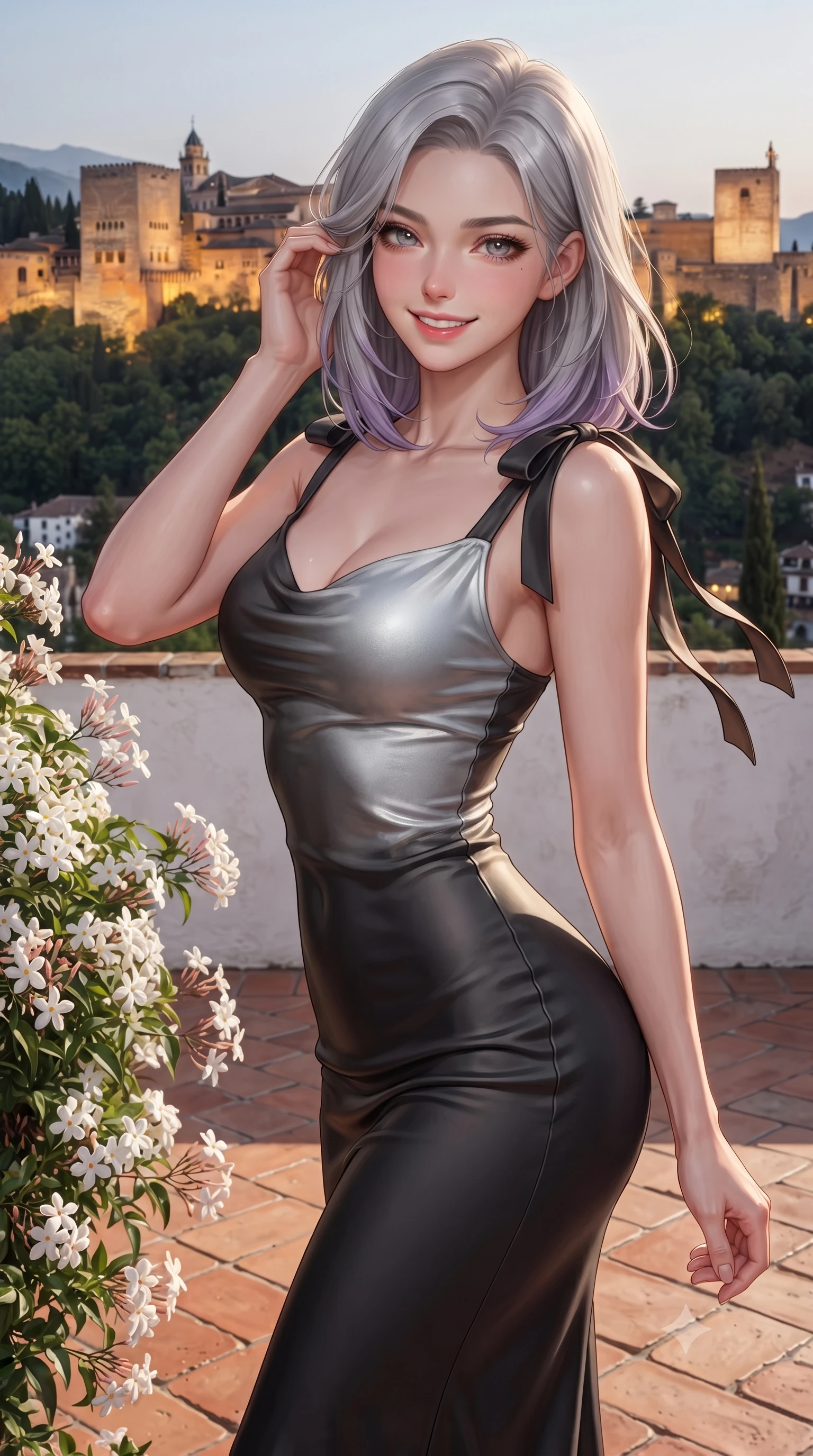 score_9, masterpiece, best quality, ultra-detailed, high-budget anime keyframe, editorial fashion photography, tasteful artistic composition, Caucasian woman. close-up cowboy shot from the waist and thighs up, the character dominates the composition, filling the frame with her large presence. gently brushing a lock of hair behind her ear while casting a playful, flirtatious side-gaze with long eyelashes while standing poised on the terracotta tile terrace beside blooming night jasmine, arching her back with sultry elegance as the floodlit Alhambra fortress glows across the Darro valley. The surrounding environment is rendered in vivid detail and crisp panoramic clarity: sharp hand-laid terracotta tile floor texture, whitewashed stucco wall grain, and blooming white jasmine flower clusters in deep focus. She has an exceptionally elegant, slender, and willowy female figure with an ultra-slim waist, flat toned midriff, narrow ribcage, and sculpted feminine hips creating an alluring, slim hourglass silhouette without bulk. sharp v-shaped jawline, high-bridge nose, intricate jewel-like sparkling eyes with depth, thick eyelashes, glossy parted lips with a natural peach sheen, bright cheerful beaming smile with an enchanting and coquettish sensual glint, exuding both youthful cute charm and seductive allure, flawlessly proportioned anatomical accuracy, strict slender model proportions, natural body alignment, perfectly sculpted long slender limbs, ultra-slim waistline, clean dynamic posture without body distortion. wearing a form-fitting Andalusian liquid silk jersey flamenco-draped cocktail dress clinging to her narrow waist and rounded hips in Vik black sand obsidian and glacier crystal silver, woven from buttery-soft stretch lambskin leather adhering to her body like a second skin, finished with satin ribbon ties at the shoulders fluttering in the gentle breeze, the second-skin tailored fabric adhering flawlessly to her sculpted flat midriff and slender torso, emphasizing her long leg lines and perfectly proportioned willowy build. illuminated by terrace ground bounce and sharp warm-gold rim lights sculpting her jawline, narrow waist, and curvy hips. ultra-reflective glossy finish, specular highlights, rich textural contrasts, high-contrast stereoscopic depth, volumetric dynamic lighting, 2k, ultra detail, master piece, 9:16 ratio