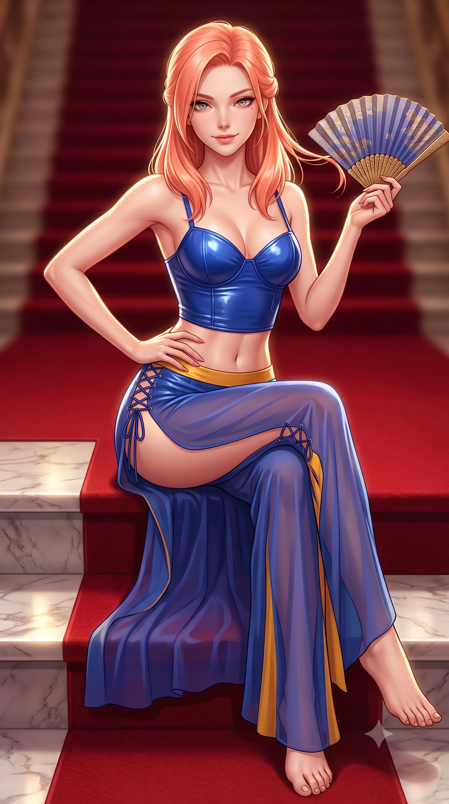 score_9, masterpiece, best quality, ultra-detailed, high-budget anime keyframe, semi-realistic 3D game render, editorial fashion photography, tasteful artistic composition, Japanese woman. close-up cowboy shot from the waist and thighs up, the character dominates the composition, filling the frame with her large presence. twisting her slender torso in an alluring contrapposto stance, one hand resting on her sculpted hip while her fingers toy with her hair with effortless poise while sitting poised on the red-carpeted marble landing with legs extended, holding a silk fan with effortless aristocratic allure. The background shows a soft-focus heavy red velvet carpet runner softened in regal Viennese grand gala shallow focus. She has an exceptionally elegant, slender, and willowy female figure with an ultra-slim waist, flat toned midriff, narrow ribcage, and sculpted feminine hips creating an alluring, slim hourglass silhouette without bulk. sharp v-shaped jawline, high-bridge nose, sparkling eyes with hypnotic seductive depth, thick curled eyelashes, glossy parted lips with a natural dewy peach sheen, alluring bedroom-eyes with an enchanting coquettish smile, exuding magnetic siren charisma and sophisticated glamour, flawlessly proportioned anatomical accuracy, strict slender model proportions, natural body alignment, perfectly sculpted long slender limbs, ultra-slim waistline, clean dynamic posture without body distortion. wearing a wet-look form-fitting vinyl bustier paired with sheer chiffon high-slit wide-leg trousers in Marrakesh cobalt majorelle blue and saffron gold, woven from buttery-soft stretch lambskin leather adhering to her body like a second skin, featuring fine criss-cross lace-up side ties revealing tantalizing glimpses of her hip curve, the form-contouring silhouette accentuating her sculpted flat midriff, narrow delicate ribcage, and gracefully curvy hips with intoxicating allure. illuminated by polished marble reflection fill and sharp platinum-gold rim lights defining her delicate clavicles, ultra-slim waist, and curvy hips. highly saturated vibrant anime colors, detailed shading with soft gradients, rich glossy textures, high-contrast stereoscopic depth, volumetric dynamic lighting, master piece, 9:16 ratio