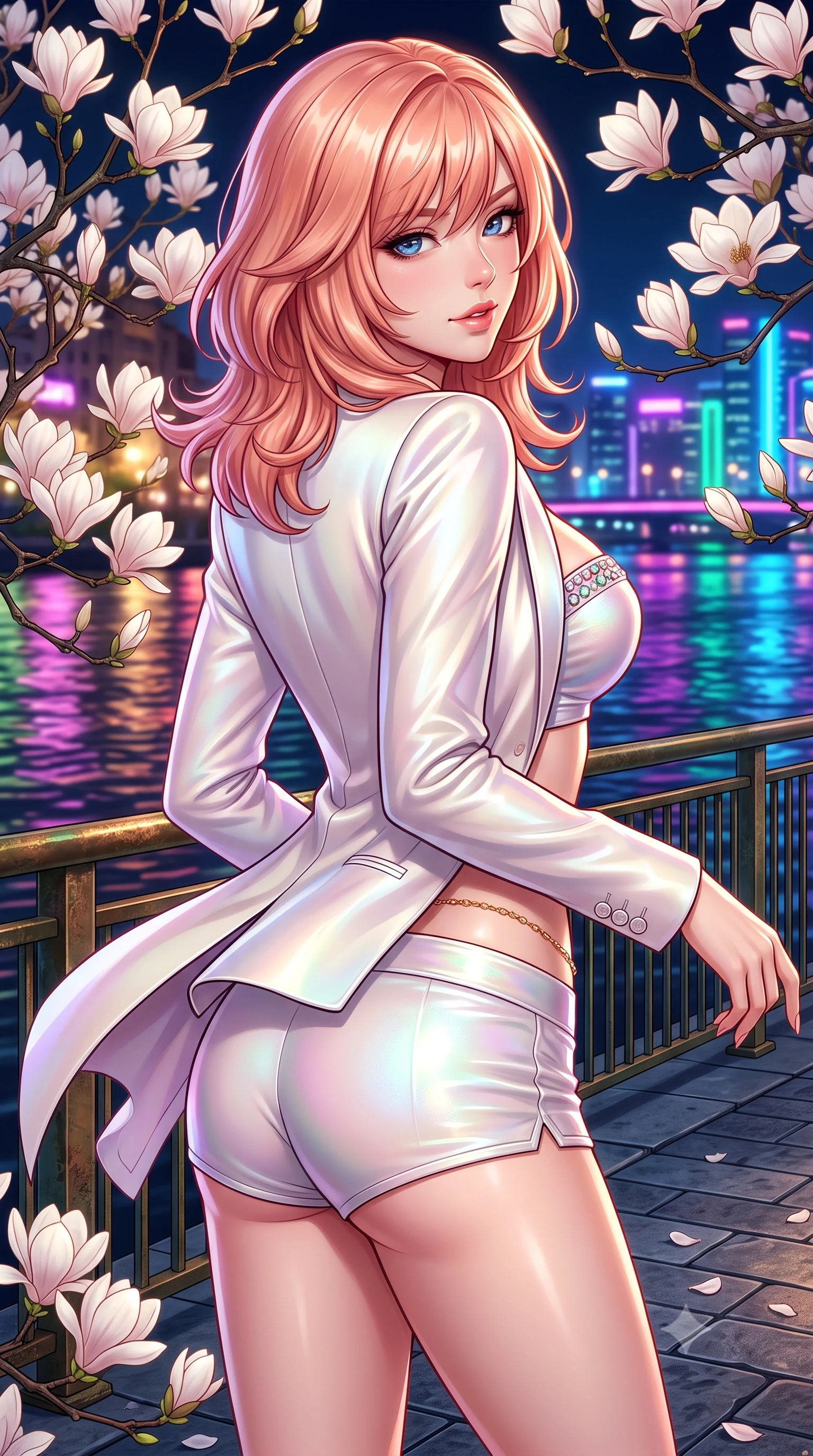 score_9, masterpiece, best quality, ultra-detailed, high-budget anime keyframe, semi-realistic 3D game render, editorial fashion photography, tasteful artistic composition, Japanese woman. close-up cowboy shot from the waist and thighs up, the character dominates the composition, filling the frame with her large presence. posing in an alluring rear three-quarter angle, looking over a bare shoulder with parted glossy lips, her hips cocked back to highlight her slim hourglass curve while twisting her slender torso in an alluring S-curve, fragrant white blossoms and neon river reflections tracing her curves. The surrounding environment is rendered in vivid detail and crisp panoramic clarity: sharp magnolia flower petal veins, weathered bronze railing patina, and dark slate paver joints in deep focus. She has an exceptionally elegant, slender, and willowy female figure with an ultra-slim waist, flat toned midriff, narrow ribcage, and sculpted feminine hips creating an alluring, slim hourglass silhouette without bulk. sharp v-shaped jawline, high-bridge nose, sparkling eyes with hypnotic seductive depth, thick curled eyelashes, glossy parted lips with a natural dewy peach sheen, alluring bedroom-eyes with an enchanting coquettish smile, exuding magnetic siren charisma and sophisticated glamour, flawlessly proportioned anatomical accuracy, strict slender model proportions, natural body alignment, perfectly sculpted long slender limbs, ultra-slim waistline, clean dynamic posture without body distortion. wearing a tailored open-front satin smoking jacket worn over a jewel-embellished bandeau and micro-shorts in pure alabaster with iridescent mother-of-pearl sheen, woven from buttery-soft stretch lambskin leather adhering to her body like a second skin, accented with a dainty gold belly chain resting across her flat midriff and curving hips, the glove-like clinging cut tightly following the natural contour of her hips and long slender legs with youthful 8.5-heads elegance. bathed in soft 2800K low-voltage garden ground spotlights highlighting magnolia branches mixed with cool river skyline glow. highly saturated vibrant anime colors, detailed shading with soft gradients, rich glossy textures, high-contrast stereoscopic depth, volumetric dynamic lighting, master piece, 9:16 ratio