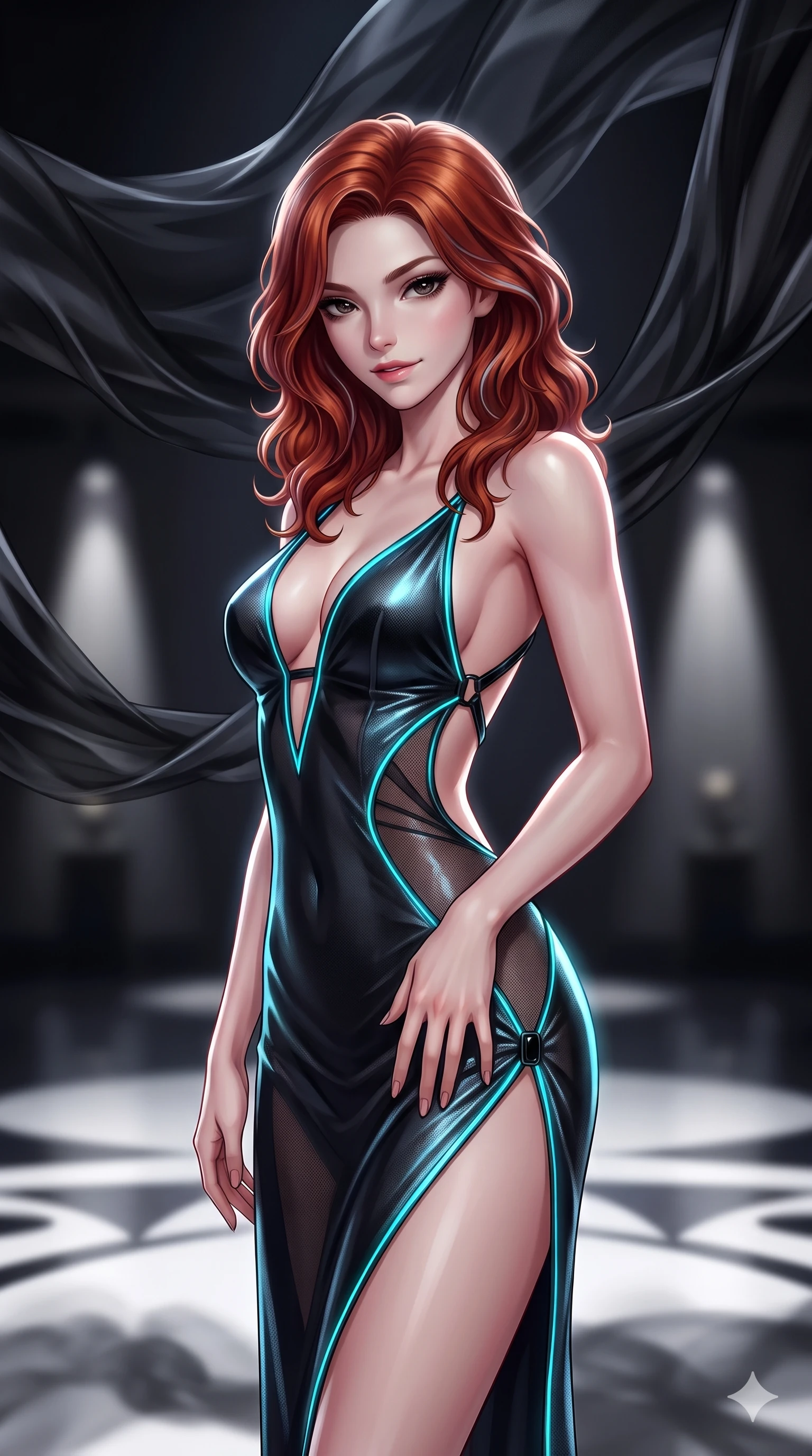 score_9, masterpiece, best quality, ultra-detailed, high-budget anime keyframe, semi-realistic 3D game render, editorial fashion photography, tasteful artistic composition, Caucasian woman. close-up cowboy shot from the waist and thighs up, the character dominates the composition, filling the frame with her large presence. tilting her head with a teasing half-smile, running one hand slowly down the side of her hip in a flirtatious S-curve while standing beneath soaring suspended waves of translucent black silk, looking into the lens with an air of effortless superiority and dark allure. The background shows a soft-focus undulating black silk fabric waves suspended in mid-air, distant architectural spotlight cones, and white floor lines blurred into smoky charcoal and obsidian bokeh. She has an exceptionally elegant, slender, and willowy female figure with an ultra-slim waist, flat toned midriff, narrow ribcage, and sculpted feminine hips creating an alluring, slim hourglass silhouette without bulk. sharp v-shaped jawline, high-bridge nose, intricate jewel-like dark sparkling eyes with hypnotic seductive depth, thick curled eyelashes, glossy parted lips with a natural wine sheen, alluring bedroom-eyes with an enigmatic smoldering smile, exuding magnetic sovereign charisma and dark avant-garde glamour, flawlessly proportioned anatomical accuracy, strict slender model proportions, natural body alignment, perfectly sculpted long slender limbs, ultra-slim waistline, clean dynamic posture without body distortion. wearing a provocative backless liquid lamé slip dress with plunging neckline and hip-high thigh slit in neon cyan edge-glow and dark carbon black, crafted from fine dark contouring mesh with sheer geometric transparency, adorned with minimalist black onyx hardware framing the silhouette, the precision-cut side openings and low-back scoop framing her graceful spine and the sensual sweep of her slim, toned hips. illuminated by polished gallery floor bounce and sharp diamond-platinum rim lights sculpting her razor-sharp jawline, narrow waist, and curvy hips. highly saturated vibrant anime colors, detailed shading with soft gradients, rich glossy textures, high-contrast stereoscopic depth, volumetric dynamic lighting, master piece, 9:16 ratio