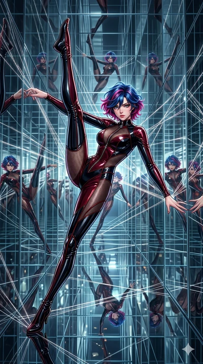 score_9, masterpiece, best quality, ultra-detailed, High-budget Anime Keyframe, East Asian woman. Dynamic full-body shot stretching the vertical silhouette to the limit. Scenario 286: Suspended by invisible silk threads in a hall of mirrors. Her pres