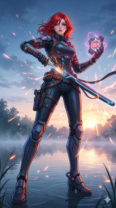 score_9, masterpiece, best quality, ultra-detailed, Set A: High-budget Anime Keyframe, Caucasian (strictly human ears) woman. Low angle cowboy shot filling the entire 9:16 frame with her statuesque presence. Drawing a blade through a misty lakeside a
