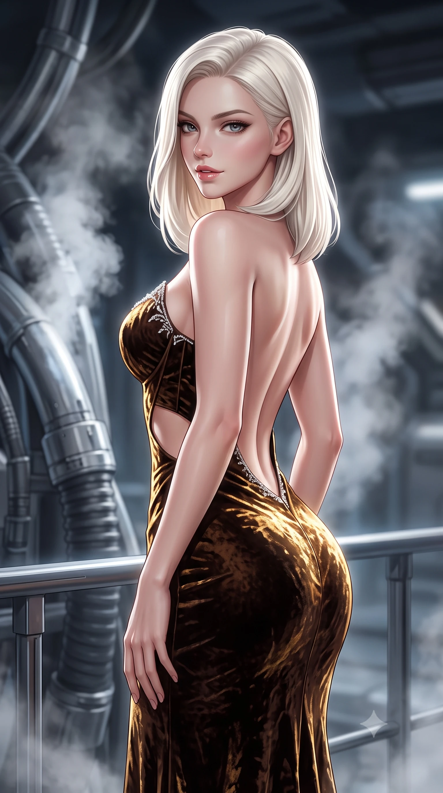 score_9, masterpiece, best quality, ultra-detailed, high-budget anime keyframe, semi-realistic 3D game render, editorial fashion photography, tasteful artistic composition, Caucasian woman. close-up cowboy shot from the waist and thighs up, the character dominates the composition, filling the frame with her large presence. turning over a bare shoulder with an intoxicating, teasing smile, her soft hair framing her sharp jawline as her hips angle gracefully while twisting her slender torso in an alluring S-curve beside giant cooling conduits, turning to look back over a bare shoulder with parted glossy lips. The composition keeps background elements in soft focus with creamy bokeh. cryogenic cooling steam plumes and titanium observation gantries softened in dramatic sci-fi shallow focus. She has an exceptionally elegant, slender, and willowy female figure with an ultra-slim waist, flat toned midriff, narrow ribcage, and sculpted feminine hips creating an alluring, slim hourglass silhouette without bulk. sharp v-shaped jawline, high-bridge nose, intricate jewel-like eyes with depth, thick eyelashes, glossy parted lips with a natural sheen, intensely captivating and seductive bedroom-eyes expression, flawlessly proportioned anatomical accuracy, strict slender model proportions, natural body alignment, perfectly sculpted long slender limbs, ultra-slim waistline, clean dynamic posture without body distortion. wearing a deep sweetheart neckline crushed velvet corseted ballgown with an exposed midriff cutout in dark espresso brown and molten gold foil, crafted from heavyweight crushed silk velvet with liquid vintage luster, finished with delicate crystal frost embroidery tracing the plunging neckline, the dramatically scooped open back descending to the base of her spine, accentuating her razor-sharp statuesque lines and slim hourglass silhouette. illuminated by high-contrast specular rim lights sharply sculpting her razor-sharp jawline, narrow waist, and curvy hips. highly saturated vibrant anime colors, detailed shading with soft gradients, rich glossy textures, high-contrast stereoscopic depth, volumetric dynamic lighting, master piece, 9:16 ratio