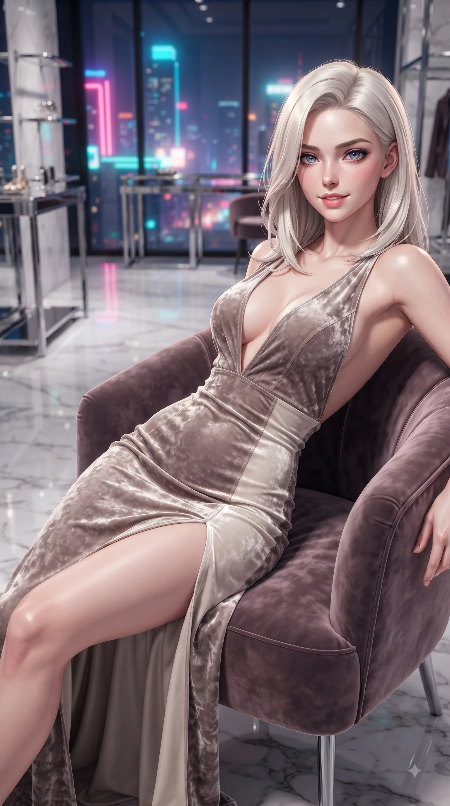 score_9, masterpiece, best quality, ultra-detailed, high-budget anime keyframe, editorial fashion photography, tasteful artistic composition, Caucasian woman. close-up cowboy shot from the waist and thighs up, the character dominates the composition, filling the frame with her large presence, background elements kept in soft focus. Gazing directly into the camera with a fresh, infectious smile as her torso curves dynamically in mid-stride while lounging in a velvet armchair inside a high-end designer showroom with a smoldering smile, sleek chrome fixtures and polished marble floors reflecting crisp editorial key lights. She has an exceptionally elegant, slender, and willowy female figure with an ultra-slim waist, a gracefully sculpted slender torso, and a refined silhouette. sharp v-shaped jawline, high-bridge nose, intricate jewel-like eyes with depth, thick eyelashes, glossy lips with a natural sheen, flawlessly proportioned anatomical accuracy, natural body alignment, perfectly sculpted elegant limbs, clean dynamic posture without body distortion. wearing a backless crushed velvet gown with a deep V-neckline and high thigh slit in muted taupe and soft ivory, formed from sleek second-skin neoprene, finished with a sleek side slit ascending to mid-thigh, the sleek second-skin texture accentuating her magnetic presence. illuminated by vibrant neon skyline glow and clear specular rim highlights. ultra-reflective glossy finish, specular highlights, metallic sheen, high-contrast stereoscopic depth, volumetric dynamic lighting, 2k, ultra detail, master piece, 9:16 ratio