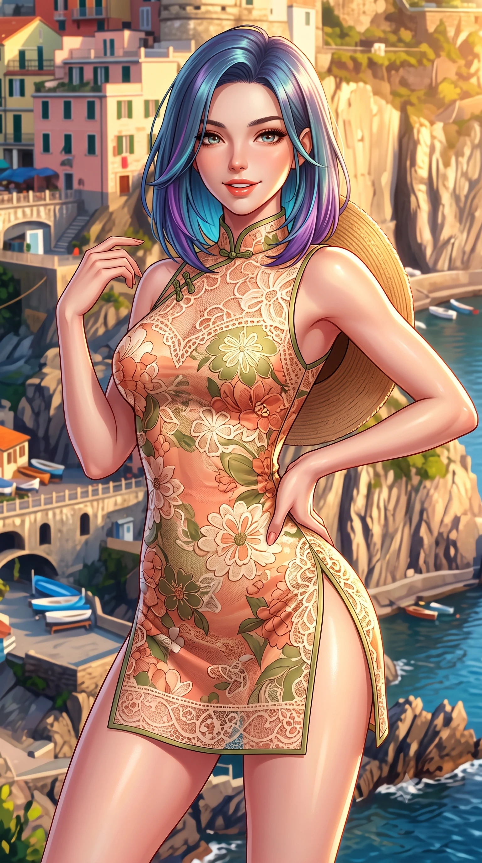 score_9, masterpiece, best quality, ultra-detailed, high-budget anime keyframe, semi-realistic 3D game render, editorial fashion photography, tasteful artistic composition, Caucasian woman. close-up cowboy shot from the waist and thighs up, the character dominates the composition, filling the frame with her large presence. twisting her slender torso in an alluring contrapposto stance, one hand resting on her sculpted hip while flashing a charming, playful smile with parted glossy lips while twisting her slender torso in an alluring contrapposto stance, her bodycon knit resort dress tracing her narrow waist and curvy hips. The surrounding environment is rendered in vivid detail and crisp panoramic clarity. detailed dress texture, glowing sun-kissed skin highlights, and Italian cliffside village clarity in high resolution. She has an exceptionally elegant, slender, and willowy female figure with an ultra-slim waist, flat toned midriff, narrow ribcage, and sculpted feminine hips creating an alluring, slim hourglass silhouette without bulk. sharp v-shaped jawline, high-bridge nose, sparkling amber-hazel eyes with depth, long lush eyelashes, glossy sun-kissed lips with a warm coral glaze, radiant teasing smile with sensual sunlit bedroom-eyes, exuding effortless old-money elegance and intoxicating sun-drenched allure, flawlessly proportioned anatomical accuracy, strict slender model proportions, natural body alignment, perfectly sculpted long slender limbs, ultra-slim waistline, clean dynamic posture without body distortion. wearing a modern cute floral silk qipao mini dress with double side slits ascending to the hip in sunset peach tones in matcha olive green and warm vanilla cream, crafted from sheer delicate crochet lace with intricate bohemian floral motifs, complemented by a wide-brim straw sunhat held casually behind her back, the liquid-tight tailored fabric clinging flawlessly to her narrow waist and rounded feminine hips, emphasizing every millimeter of her sculpted slim hourglass curves without any bulky heaviness. bathed in luminous golden hour sunlight reflecting off the vertical cliff walls. highly saturated vibrant anime colors, detailed shading with soft gradients, rich glossy textures, high-contrast stereoscopic depth, volumetric dynamic lighting, master piece, 9:16 ratio