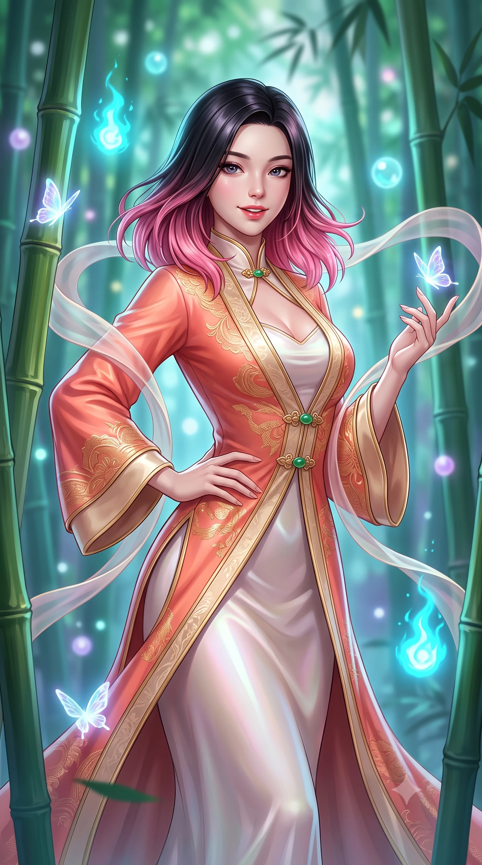score_9, masterpiece, best quality, ultra-detailed, high-budget anime keyframe, semi-realistic 3D game render, editorial fashion photography, tasteful artistic composition, Korean woman. close-up cowboy shot from the waist and thighs up, the character dominates the composition, filling the frame with her large presence. smiling with subtle, enchanting allure and glossy parted lips, one hand resting on her waist with effortless supermodel poise while pivoting gracefully around towering green bamboo stalks as ethereal glowing butterflies dance around her fingertips. The composition keeps background elements in soft focus with creamy bokeh. towering bamboo groves and floating spirit orbs blurred into luminous emerald, cyan, and amethyst bokeh. She has an exceptionally elegant, slender, and willowy female figure with an ultra-slim waist, a gracefully sculpted slender torso, toned flat midriff, and a refined slim silhouette. sharp v-shaped jawline, high-bridge nose, intricate jewel-like eyes with depth, thick eyelashes, glossy lips with a natural sheen, captivating and magnetic expression, flawlessly proportioned anatomical accuracy, strict slender model proportions, natural body alignment, perfectly sculpted long slender limbs, ultra-slim waistline, clean dynamic posture without body distortion. wearing an ethereal moon-goddess gossamer robe worn over a form-contouring pearlescent silk slip in sunrise coral and champagne gold, woven from lightweight fluid silk brocade with woven gold thread, finished with genuine jade button closures and floating celestial silk ribbons, the sleek tailored cut tightly hugging her graceful clavicle, narrow waist, and feminine curves with statuesque precision. bathed in magical cyan spirit flame luminescence and soft moonlit fog fill. highly saturated vibrant anime colors, detailed shading with soft gradients, rich glossy textures, high-contrast stereoscopic depth, volumetric dynamic lighting, master piece, 9:16 ratio