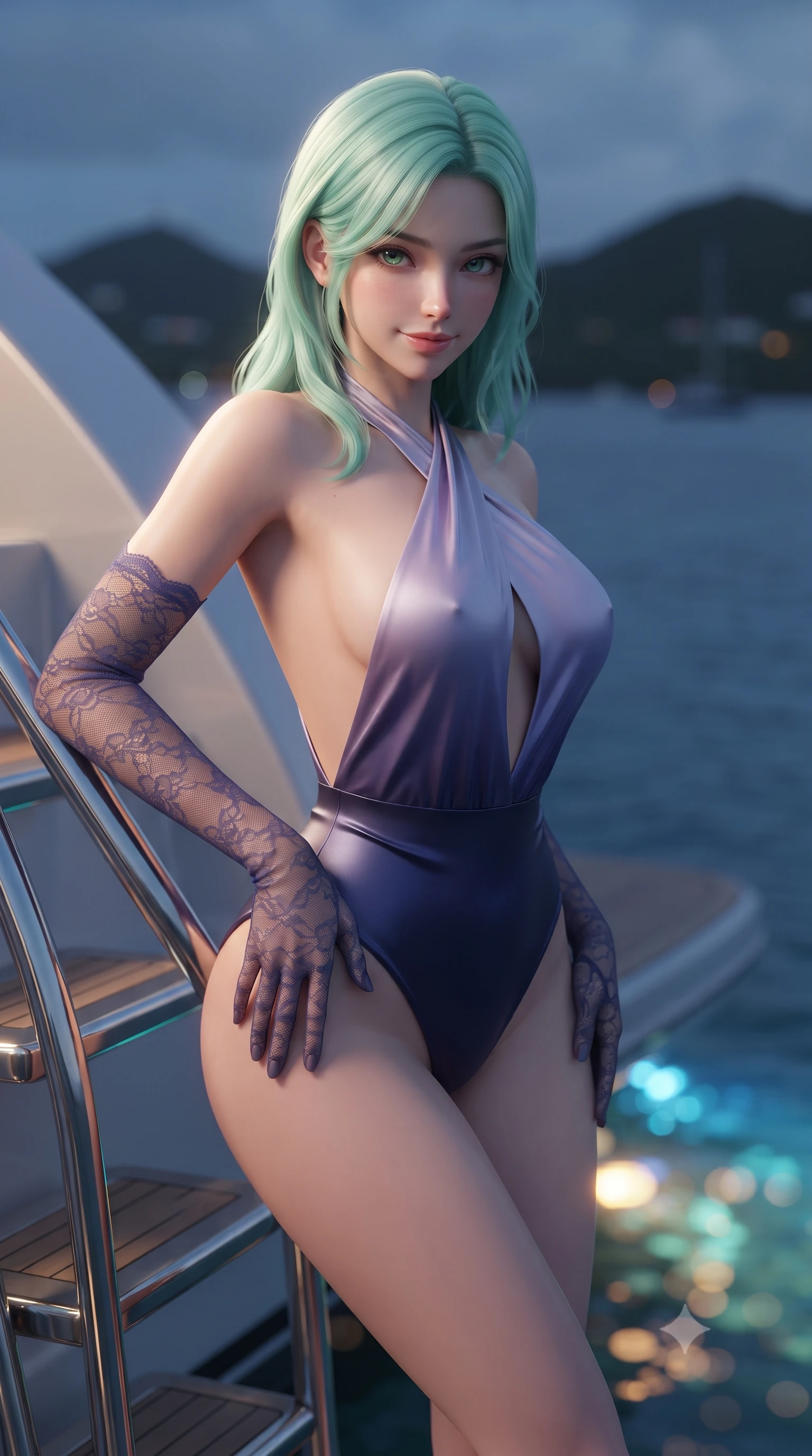 score_9, masterpiece, best quality, ultra-detailed, high-budget anime keyframe, editorial fashion photography, tasteful artistic composition, Japanese woman. close-up cowboy shot from the waist and thighs up, the character dominates the composition, filling the frame with her large presence. tilting her head with a teasing half-smile, running one hand slowly down the side of her hip in a flirtatious S-curve as ambient light caresses her silhouette while leaning against the stainless-steel yacht transom stairs with hips cocked back, looking into the lens with an irresistible bedroom-gaze. The background shows a soft-focus the dark tranquil Caribbean bay, distant silhouettes of St. Barth hills, and underwater yacht stern lights blurred into sapphire, aquamarine, and amber bokeh. She has an exceptionally elegant, slender, and willowy female figure with an ultra-slim waist, flat toned midriff, narrow ribcage, and sculpted feminine hips creating an alluring, slim hourglass silhouette without bulk. sharp v-shaped jawline, high-bridge nose, sparkling eyes with hypnotic seductive depth, thick curled eyelashes, glossy parted lips with a natural dewy peach sheen, alluring bedroom-eyes with an enchanting coquettish smile, exuding magnetic siren charisma and sophisticated glamour, flawlessly proportioned anatomical accuracy, strict slender model proportions, natural body alignment, perfectly sculpted long slender limbs, ultra-slim waistline, clean dynamic posture without body distortion. wearing a criss-cross halterneck keyhole bodysuit with open back and sculpted waist darts in twilight lavender and midnight indigo, crafted from fluid liquid silk satin that clings smoothly to every curve with a dewy sheen, complemented by sheer opera-length lace evening gloves tracing her slender arms, the form-contouring silhouette accentuating her sculpted flat midriff, narrow delicate ribcage, and gracefully curvy hips with intoxicating allure. illuminated by water surface specular bounce and sharp platinum-gold rim lights defining her delicate clavicles, ultra-slim waist, and curvy hips. ultra-reflective glossy finish, specular highlights, rich textural contrasts, high-contrast stereoscopic depth, volumetric dynamic lighting, 2k, ultra detail, master piece, 9:16 ratio