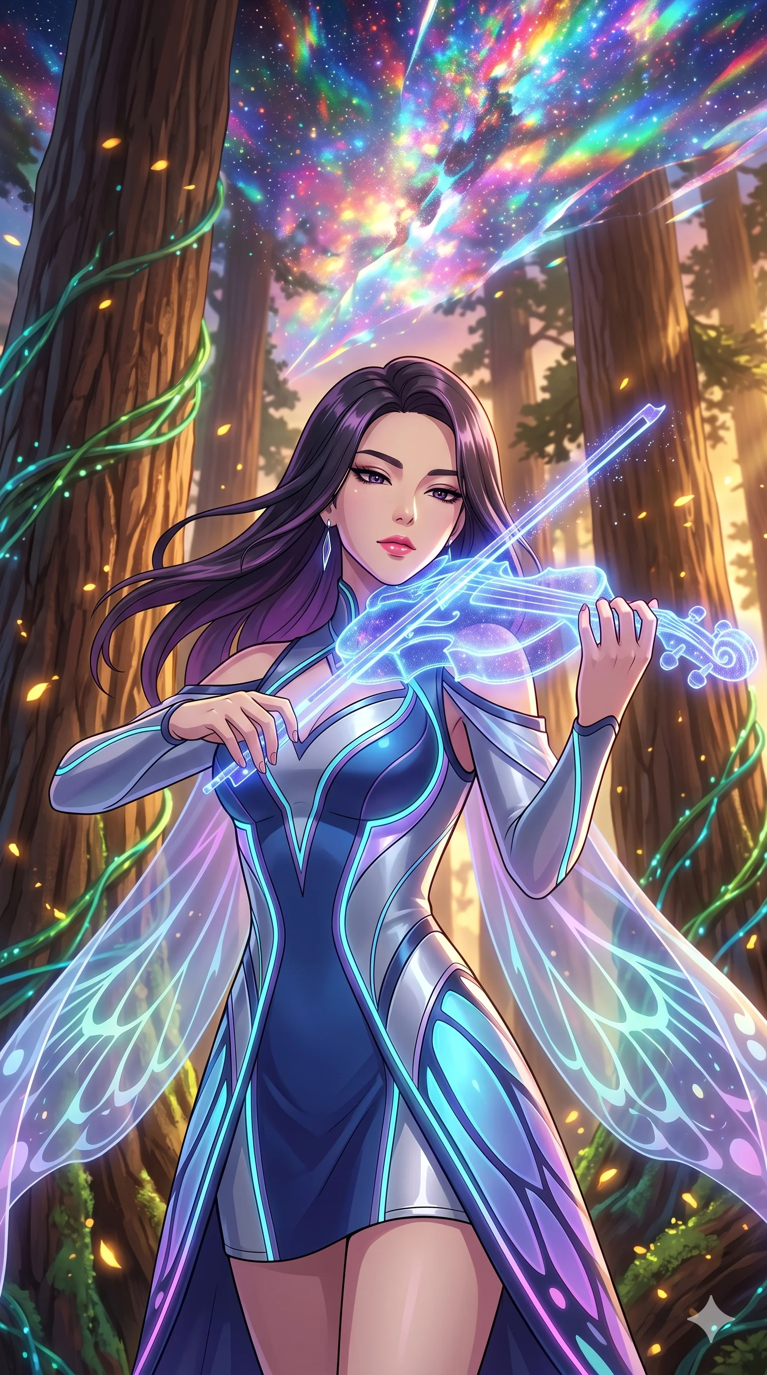score_9, masterpiece, best quality, ultra-detailed, Set A: High-budget Anime Keyframe, Korean woman. Upper body close-up from the thighs up, character filling the screen for maximum presence. Theme: Abstract Cosmic. playing a holographic violin in a giant redwood forest with glowing vines, with a look of serene power as the sky splits into 158 colors. The atmosphere is filled with golden hour with floating embers. She has an absolutely perfect 8-heads proportion, an exceptionally tall and slender female figure with impossibly long slender legs and an ultra-slim waist. Sharp v-shaped jawline, high-bridge nose, intricate jewel-like eyes with depth, glossy lips. Wearing Cybernetic butterfly-theme dress with glowing wing-patterned silk capes. Cinematic lighting, vivid colors, dramatic shadows, 2k, ultra detail, master piece, 9:16 ratio