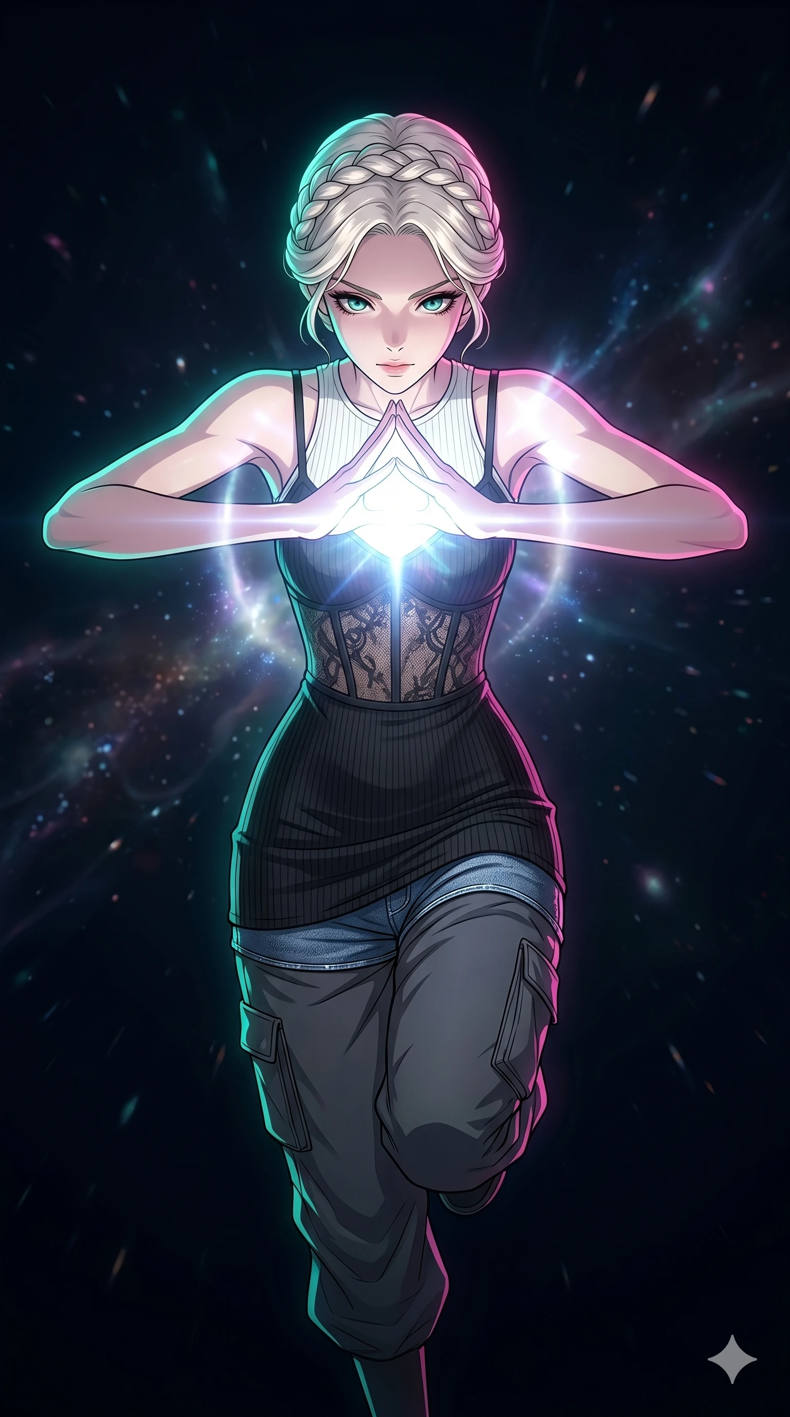 score_9, masterpiece, best quality, ultra-detailed, high-budget anime movie keyframe, cinematic anime lighting, intricate line art, Japanese anime girl. Extreme high angle shot as she leaps towards the camera, filling the frame. shielding her heart with a glowing hand in a dark void. She has an absolutely perfect 8-heads proportion, an exceptionally tall and slender female figure with an ultra-slim waist and impossibly long slender legs. strictly human anatomy, two legs only, no extra limbs, clearly defined legs and arms, perfect anatomy, perfect hands and fingers. sharp v-shaped jawline, high-bridge nose, intricate jewel-like eyes, thick eyelashes, glossy lips. Wearing Urban Trendsetter: Ribbed bodycon dress, crop top with high-waist denim, and sheer corset with cargo pants. The scene is illuminated by dramatic atmospheric lighting and vibrant color palettes. , 2k, ultra detail, master piece, 9:16 ratio