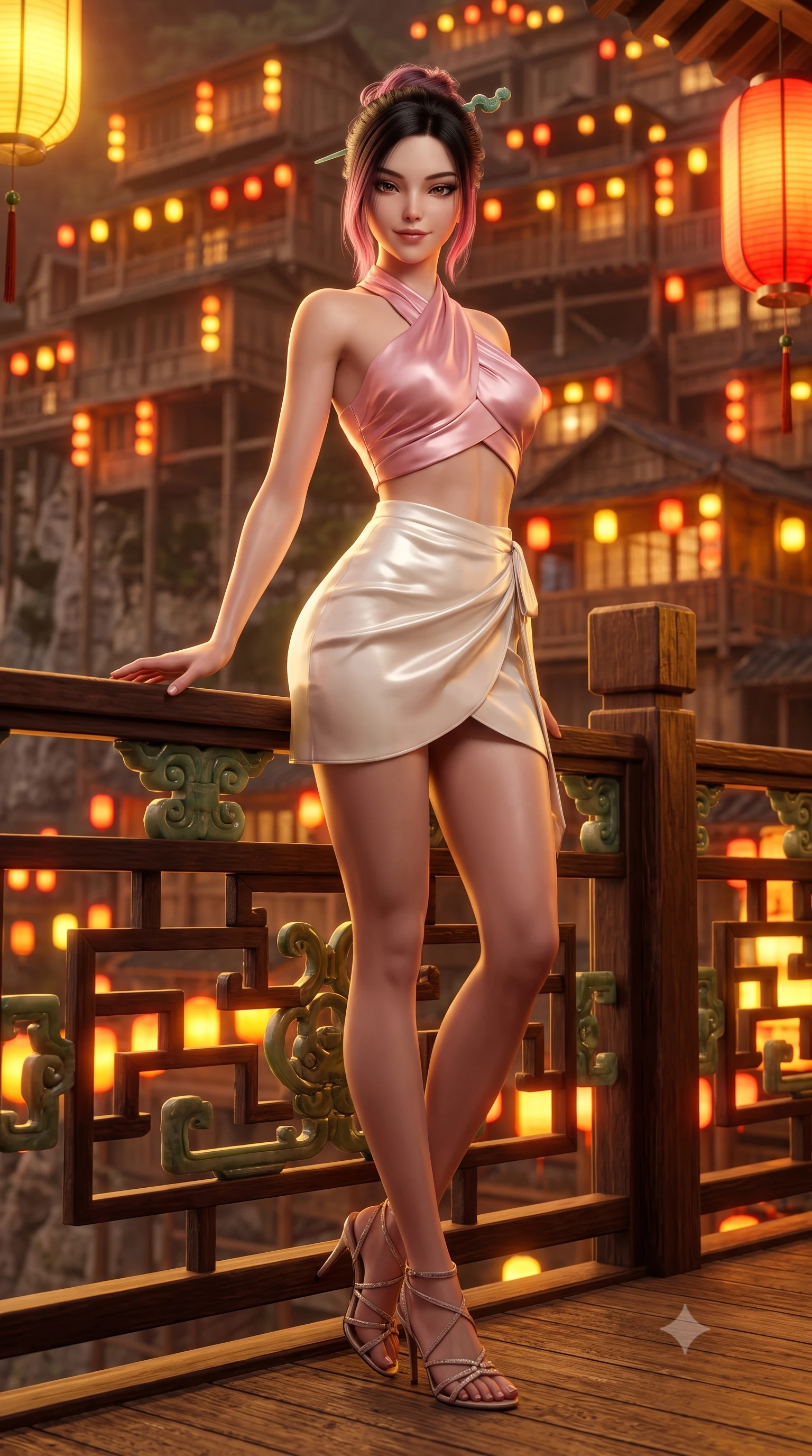 score_9, masterpiece, best quality, ultra-detailed, high-budget anime keyframe, semi-realistic 3D game render, editorial fashion photography, tasteful artistic composition, Korean woman. low angle full-body shot from head to toe showing her feet, filling the entire 9:16 vertical frame with her statuesque presence, stretching her vertical silhouette. standing in a tall, confident posture with one hand on the carved palace railing, stretching her statuesque body as she arches her lower back to emphasize her sculpted feminine hips and slender waist while lounging in a private tea lounge booth with legs crossed, her high-slit silk dress commanding the futuristic Spirited-Away-style cliffside view. The background shows a soft-focus tiers of intricately stacked wooden stilt houses illuminated in blazing gold and crimson blurred into amber, gold, and ruby bokeh. She has an absolutely perfect, statuesque 8.5-heads proportion, an exceptionally tall and slender model-like female figure with impossibly long slender legs, an ultra-slim waist, a flat toned midriff, narrow delicate ribcage, and beautifully sculpted feminine hips creating a graceful, slim hourglass silhouette without any bulky heaviness. sharp v-shaped jawline, high-bridge nose, intricate jewel-like dark sparkling almond eyes with depth, thick lashes, glossy parted lips with a natural rose-plum sheen, bright alluring and coquettish smile with bedroom-eyes, exuding both timeless oriental elegance and sovereign high-fashion allure, flawlessly proportioned anatomical accuracy, strict slender model proportions, natural body alignment, perfectly sculpted long slender limbs, ultra-slim waistline, clean dynamic posture without body distortion. wearing a sleek two-piece set featuring an asymmetric cross-over crop top and a wrap-around micro skirt tracing her hips in soft cherry blossom pink and pearlescent ivory, crafted from heavy fluid silk satin with a liquid mirror-like sheen, featuring a modern sculptural jade hair pin securing her loose silky updo, the liquid-tight tailored silk fabric clinging flawlessly to her narrow waist and rounded feminine hips, emphasizing every millimeter of her sculpted slim hourglass curves without any bulky heaviness. bathed in intense blazing golden and amber lantern illumination echoing from hundreds of eaves. highly saturated vibrant anime colors, detailed shading with soft gradients, rich glossy textures, high-contrast stereoscopic depth, volumetric dynamic lighting, master piece, 9:16 ratio