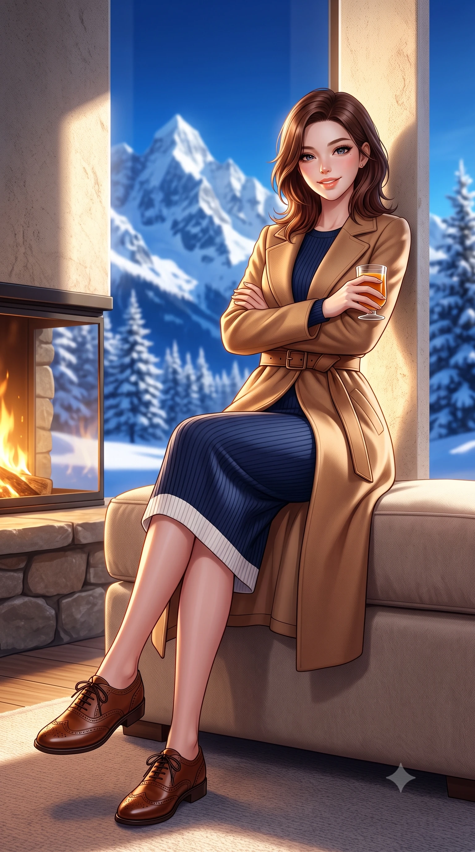 score_9, masterpiece, best quality, ultra-detailed, high-budget anime keyframe, semi-realistic 3D game render, editorial fashion photography, tasteful artistic composition, Korean woman. low angle full-body shot from head to toe showing her feet, filling the entire 9:16 vertical frame with her statuesque presence, stretching her vertical silhouette. leaning lightly against the sunlit architectural column with arms crossed loosely, flashing a warm, confident smile while sitting gracefully on an oversized cashmere-upholstered banquette near the stone hearth, holding a glass of spiced cider with cozy luxury charm. The background shows a soft-focus towering jagged snow-covered Swiss Alps, deep blue alpine sky, and frosted fir forests outside blurred into cobalt, stark white, and cedar bokeh. She has an exceptionally tall and slender model-like 8.5-heads proportion, an ultra-slim waist, a flat toned midriff, narrow delicate ribcage, and beautifully sculpted feminine hips creating a graceful, slim hourglass silhouette without any bulky heaviness, with impossibly long slender legs. sharp v-shaped jawline, high-bridge nose, intricate jewel-like sparkling eyes with depth, thick eyelashes, glossy parted lips with a natural peach sheen, bright cheerful beaming smile with an enchanting and coquettish sensual glint, exuding both youthful cute charm and seductive allure, flawlessly proportioned anatomical accuracy, strict slender model proportions, natural body alignment, perfectly sculpted long slender limbs, ultra-slim waistline, clean dynamic posture without body distortion. wearing a tailored belted cashmere wrap coat in warm camel layered over a fine ribbed knit midi dress in French navy blue and crisp alabaster white, crafted from ultra-soft Mongolian cashmere with exquisite insulating warmth and tactile softness, complemented by classic polished leather oxfords with brogue perforations, the structured cinched belt emphasizing her narrow waistline and gracefully balanced proportions with timeless haute-couture polish. bathed in the dramatic high-altitude Swiss mountain sunlight streaming through panoramic windows mixed with golden hearth firelight. highly saturated vibrant anime colors, detailed shading with soft gradients, rich glossy textures, high-contrast stereoscopic depth, volumetric dynamic lighting, master piece, 9:16 ratio