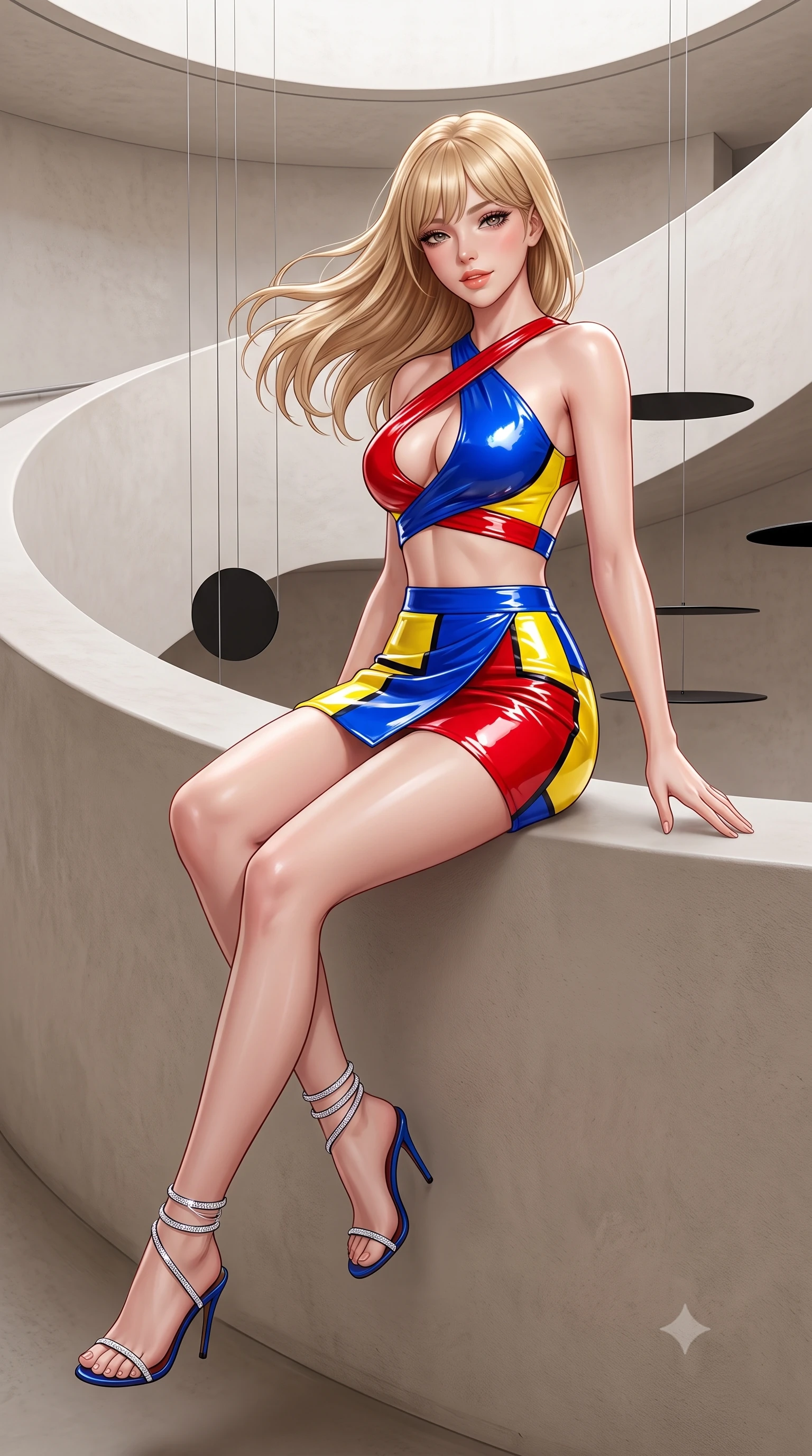 score_9, masterpiece, best quality, ultra-detailed, high-budget anime keyframe, semi-realistic 3D game render, editorial fashion photography, tasteful artistic composition, Japanese woman. close-up cowboy shot from the waist and thighs up, the character dominates the composition, filling the frame with her large presence. turning slowly with an enchanting smoldering smile, her glossy hair tossing in the breeze as her hips angle gracefully in a captivating contrapposto while sitting perched on the curving ramp ledge with legs extended, displaying her impossibly long slender limbs with supermodel cool. The surrounding environment is rendered in vivid detail and crisp panoramic clarity: sharp smooth plaster ramp curvature, ultra-thin steel mobile suspension wire, and painted black aluminum disc edges in deep focus. She has an exceptionally elegant, slender, and willowy female figure with an ultra-slim waist, flat toned midriff, narrow ribcage, and sculpted feminine hips creating an alluring, slim hourglass silhouette without bulk. sharp v-shaped jawline, high-bridge nose, sparkling eyes with hypnotic seductive depth, thick curled eyelashes, glossy parted lips with a natural dewy peach sheen, alluring bedroom-eyes with an enchanting coquettish smile, exuding magnetic siren charisma and sophisticated glamour, flawlessly proportioned anatomical accuracy, strict slender model proportions, natural body alignment, perfectly sculpted long slender limbs, ultra-slim waistline, clean dynamic posture without body distortion. wearing a high-waisted architectural wrap mini skirt with clean structural lines paired with a plunging criss-cross crop top in Mondrian primary red, canary yellow, and electric cobalt blue, crafted from wet-look high-gloss vinyl fabric with dazzling specular surface reflections, complemented by strappy stiletto sandals with crystal ankle wraps accentuating her slender calves, the precision-cut side openings and low-back scoop framing her graceful spine and the sensual sweep of her slim, toned hips. bathed in diffused omnidirectional gallery daylight cascading down the central rotunda void. highly saturated vibrant anime colors, detailed shading with soft gradients, rich glossy textures, high-contrast stereoscopic depth, volumetric dynamic lighting, master piece, 9:16 ratio