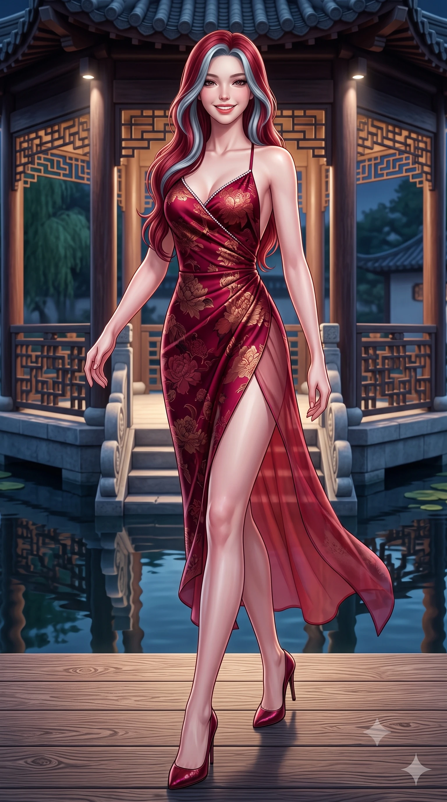 score_9, masterpiece, best quality, ultra-detailed, high-budget anime keyframe, semi-realistic 3D game render, editorial fashion photography, tasteful artistic composition, Caucasian woman. low angle full-body shot from head to toe showing her feet, filling the entire 9:16 vertical frame with her statuesque presence, stretching her vertical silhouette. stepping forward gracefully across the stone bridge in mid-motion with a radiant beaming smile, hips swaying in an alluring kinetic rhythm that accentuates her curvy hourglass silhouette and long slender legs while sitting poised on the stone steps of the island pavilion with legs crossed, her modern fusion hanbok trailing gracefully across ancient granite. The surrounding environment is rendered in vivid detail and crisp panoramic clarity: sharp wooden bridge plank grain, carved pavilion balustrade lattices, and calm pond reflection clarity in deep focus. She has an absolutely perfect, statuesque 8.5-heads proportion, an exceptionally tall and slender model-like female figure with impossibly long slender legs, an ultra-slim waist, a flat toned midriff, narrow delicate ribcage, and beautifully sculpted feminine hips creating a graceful, slim hourglass silhouette without any bulky heaviness. sharp v-shaped jawline, high-bridge nose, intricate jewel-like dark sparkling almond eyes with depth, thick lashes, glossy parted lips with a natural rose-plum sheen, bright alluring and coquettish smile with bedroom-eyes, exuding both timeless oriental elegance and sovereign high-fashion allure, flawlessly proportioned anatomical accuracy, strict slender model proportions, natural body alignment, perfectly sculpted long slender limbs, ultra-slim waistline, clean dynamic posture without body distortion. wearing a backless crimson silk slip dress with oriental peony jacquard and a side hip slit ascending to the high waist in deep wine burgundy and brushed antique gold, tailored from sheer gossamer silk organza with an airy weightless flutter, finished with subtle crystal rhinestones tracing the elegant neckline, the high-waisted wrap tailoring accentuating her ultra-slim waistline and the enchanting curve of her feminine hips with alluring oriental charm. bathed in soft architectural spotlights illuminating the historic royal pavilion and dark waters. highly saturated vibrant anime colors, detailed shading with soft gradients, rich glossy textures, high-contrast stereoscopic depth, volumetric dynamic lighting, master piece, 9:16 ratio