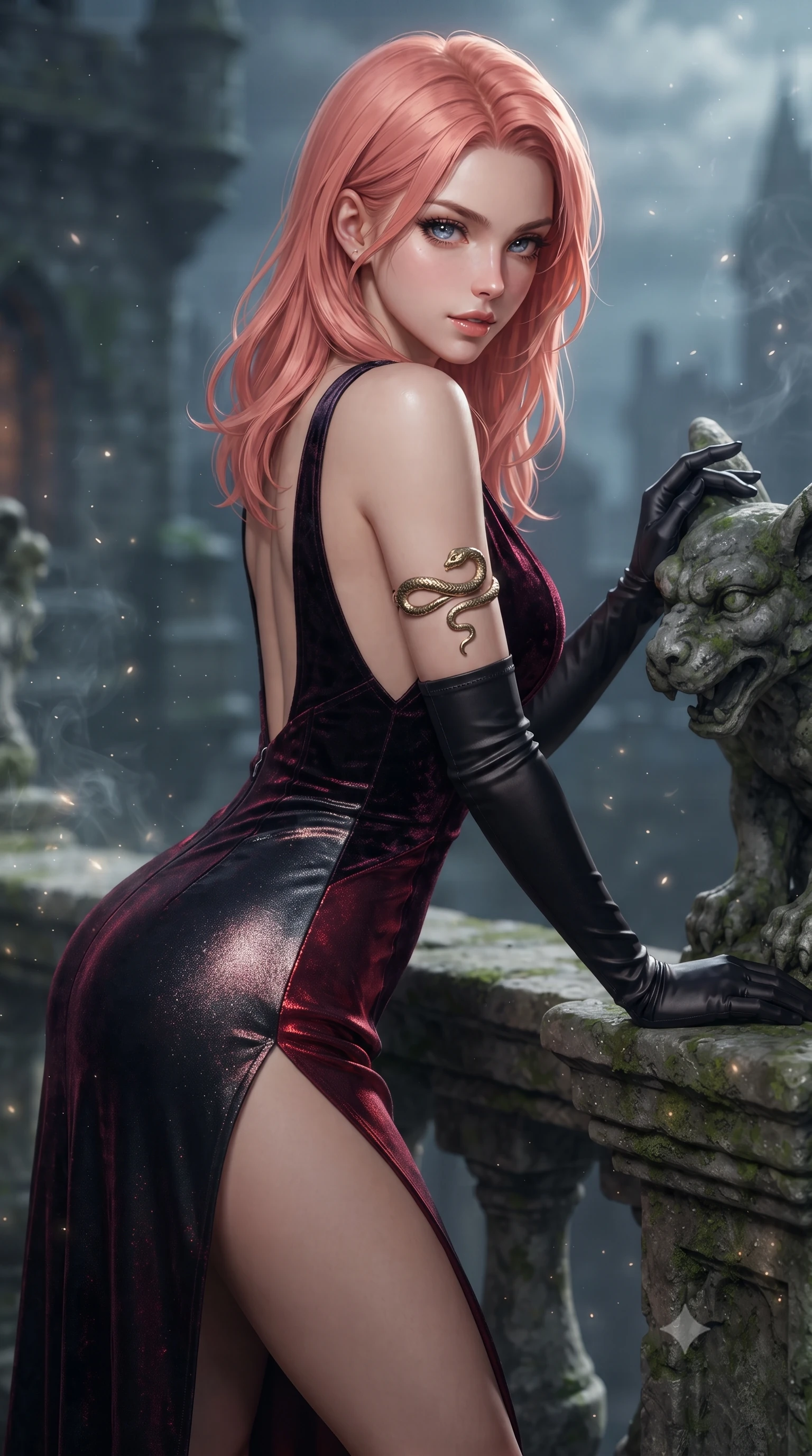 score_9, masterpiece, best quality, ultra-detailed, high-budget anime keyframe, editorial fashion photography, tasteful artistic composition, Japanese woman. close-up cowboy shot from the waist and thighs up, the character dominates the composition, filling the frame with her large presence. leaning forward toward the camera with playful, breathtaking intimacy, eyes locked onto the viewer with irresistible charisma while resting one hand against a weathered gargoyle balustrade, looking back over her shoulder with an aloof, sovereign smirk. The composition keeps background elements in soft focus with creamy bokeh. drifting incense smoke and lunar light rays scattering ethereal radiant motes across the stone flags. She has an exceptionally elegant, slender, and willowy female figure with an ultra-slim waist, a gracefully sculpted slender torso, toned flat midriff, and a refined slim silhouette. sharp v-shaped jawline, high-bridge nose, intricate jewel-like eyes with depth, thick eyelashes, glossy parted lips with a natural sheen, intensely captivating and seductive expression, flawlessly proportioned anatomical accuracy, strict slender model proportions, natural body alignment, perfectly sculpted long slender limbs, ultra-slim waistline, clean dynamic posture without body distortion. wearing a plunging-V neckline crushed velvet corseted evening gown with an open scooped back and high-cut thigh slit in midnight obsidian black and blood crimson, crafted from luxurious metallic lamé that shifts radiance with every step, accessorized with opera-length black satin gloves and gold serpent armlet, the glove-like aerodynamic second-skin fit tightly clinging to her ultra-slender waist and feminine curves without adding bulk. illuminated by crisp specular highlights defining her sculpted jawline, bare spine, and long limbs. ultra-reflective glossy finish, specular highlights, rich textural contrasts, high-contrast stereoscopic depth, volumetric dynamic lighting, 2k, ultra detail, master piece, 9:16 ratio