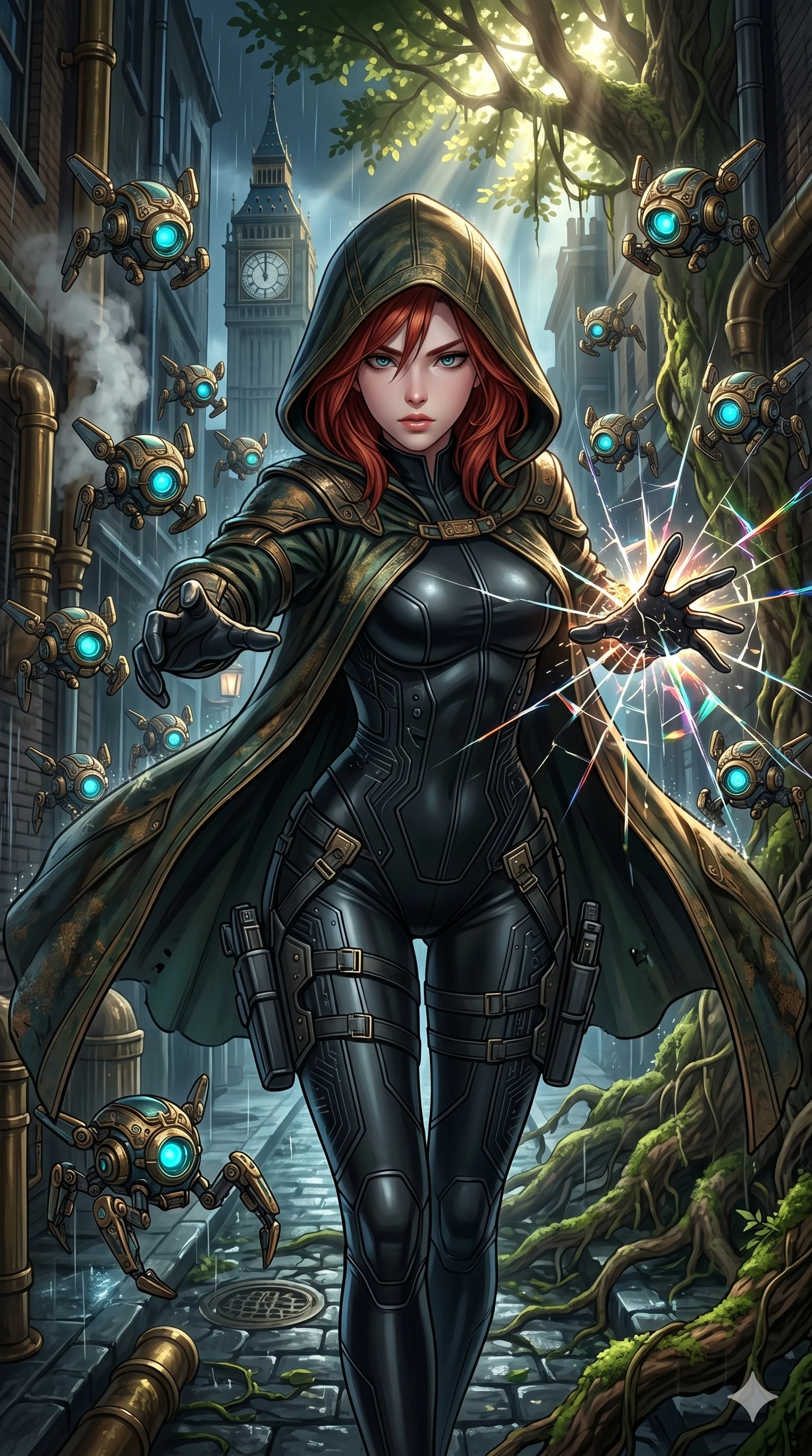 score_9, masterpiece, best quality, ultra-detailed, Set A: High-budget Anime Keyframe, Korean woman. Upper body close-up from the thighs up, character filling the screen for maximum presence. Theme: Primal Nature. shattering the fabric of reality in a steampunk London alleyway, surrounded by 19 hovering guardian drones. The atmosphere is filled with cinematic sunlight through leaves. She has an absolutely perfect 8-heads proportion, an exceptionally tall and slender female figure with impossibly long slender legs and an ultra-slim waist. Sharp v-shaped jawline, high-bridge nose, intricate jewel-like eyes with depth, glossy lips. Wearing Tech-assassin gear with a hooded cloak and a form-fitting matte black latex suit. Cinematic lighting, vivid colors, dramatic shadows, 2k, ultra detail, master piece, 9:16 ratio