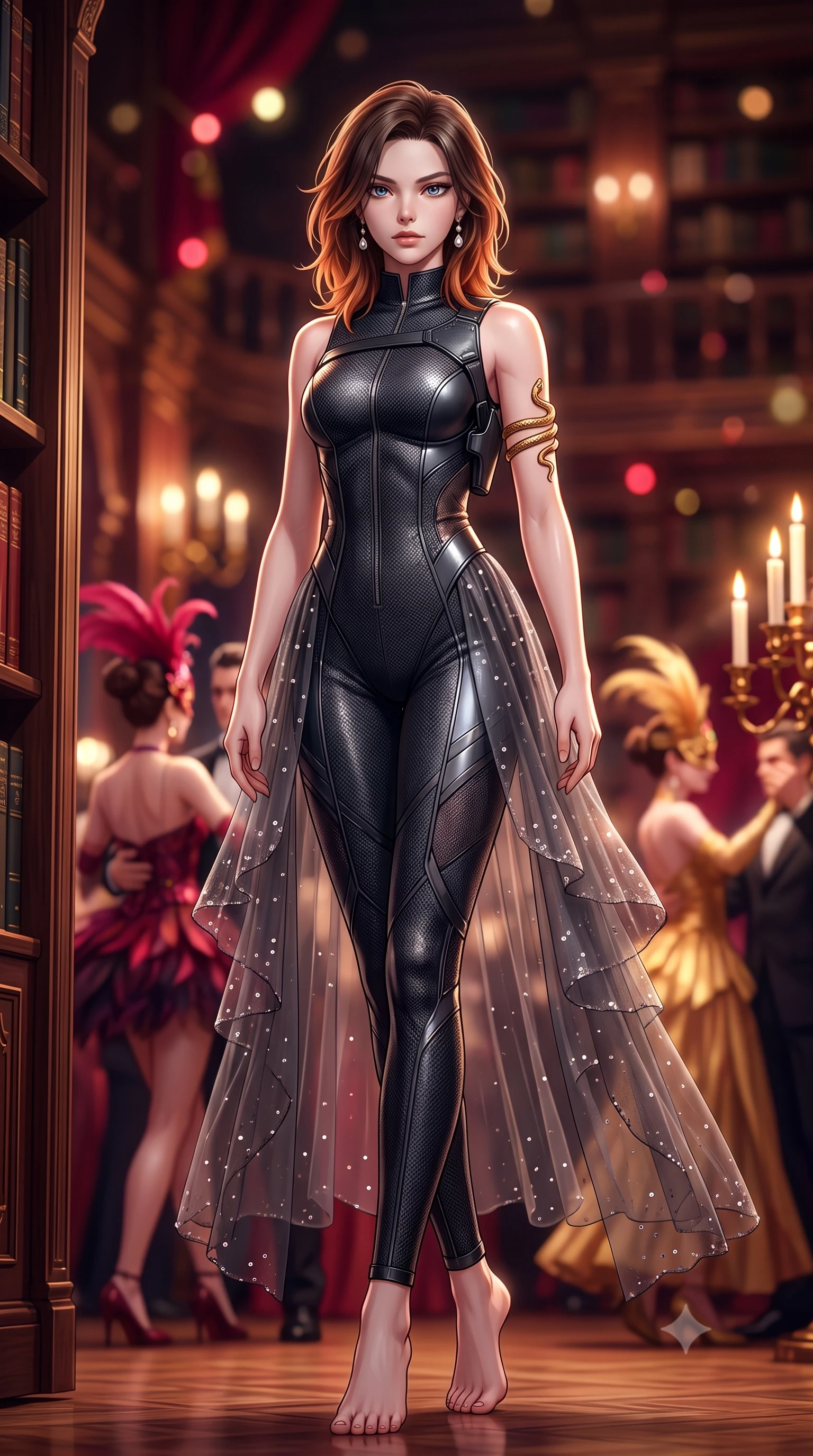 score_9, masterpiece, best quality, ultra-detailed, high-budget anime keyframe, semi-realistic 3D game render, editorial fashion photography, tasteful artistic composition, Korean woman. low angle full-body shot from head to toe showing her feet, filling the entire 9:16 vertical frame with her statuesque presence, stretching her vertical silhouette. landing lightly on the balls of her feet in a balanced kinetic stance, eyes locked onto the camera with fearless allure while slipping through a secret revolving bookcase door from the grand library with sovereign stealth and fluid grace. The composition keeps background elements in soft focus with creamy bokeh. dancing masquerade guests in feathered costumes and candelabra flames blurred into rich ruby, gold, and dark amber bokeh. She has an absolutely perfect, statuesque 8.5-heads proportion, an exceptionally tall and slender model-like female figure with impossibly long slender legs, a toned flat midriff, and an ultra-slim waist. sharp v-shaped jawline, high-bridge nose, intricate jewel-like eyes with depth, thick eyelashes, glossy lips with a natural sheen, captivating and magnetic expression, flawlessly proportioned anatomical accuracy, strict slender model proportions, natural body alignment, perfectly sculpted long slender limbs, ultra-slim waistline, clean dynamic posture without body distortion. wearing a sharp sleeveless tactical catsuit with an asymmetric shoulder holster and high collar in deep battle-scarred carbon weave and dark chrome, crafted from tiered translucent tulle adorned with delicate micro-sequins, accented with a sculptured gold serpent armlet and pearl drop earrings, the liquid-tight tailored fabric emphasizing every curve of her tall, slender model proportions and sculptured silhouette during dynamic movement. illuminated by crisp specular highlights tracing her bare clavicle, ultra-slim waist, and flowing gown. highly saturated vibrant anime colors, detailed shading with soft gradients, rich glossy textures, high-contrast stereoscopic depth, volumetric dynamic lighting, master piece, 9:16 ratio