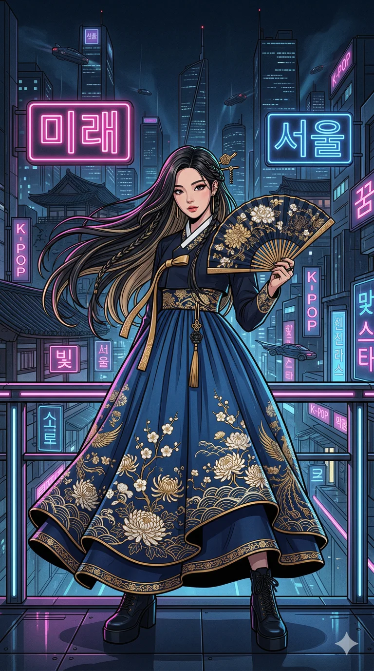A minimalist digital illustration of a confident K-POP idol-inspired female character with long, flowing hair, wearing a modernized hanbok with intricate gold and white floral patterns, holding a traditional Korean folding fan. The background is a sleek, dark cyberpunk cityscape with subtle hanok rooftop silhouettes, illuminated by glowing Korean neon signs that read '미래' and '서울' in pink and blue. 4k, ultra detail, master piece, 9:16 ratio 4k, ultra detail, master piece, 9:16 ratio