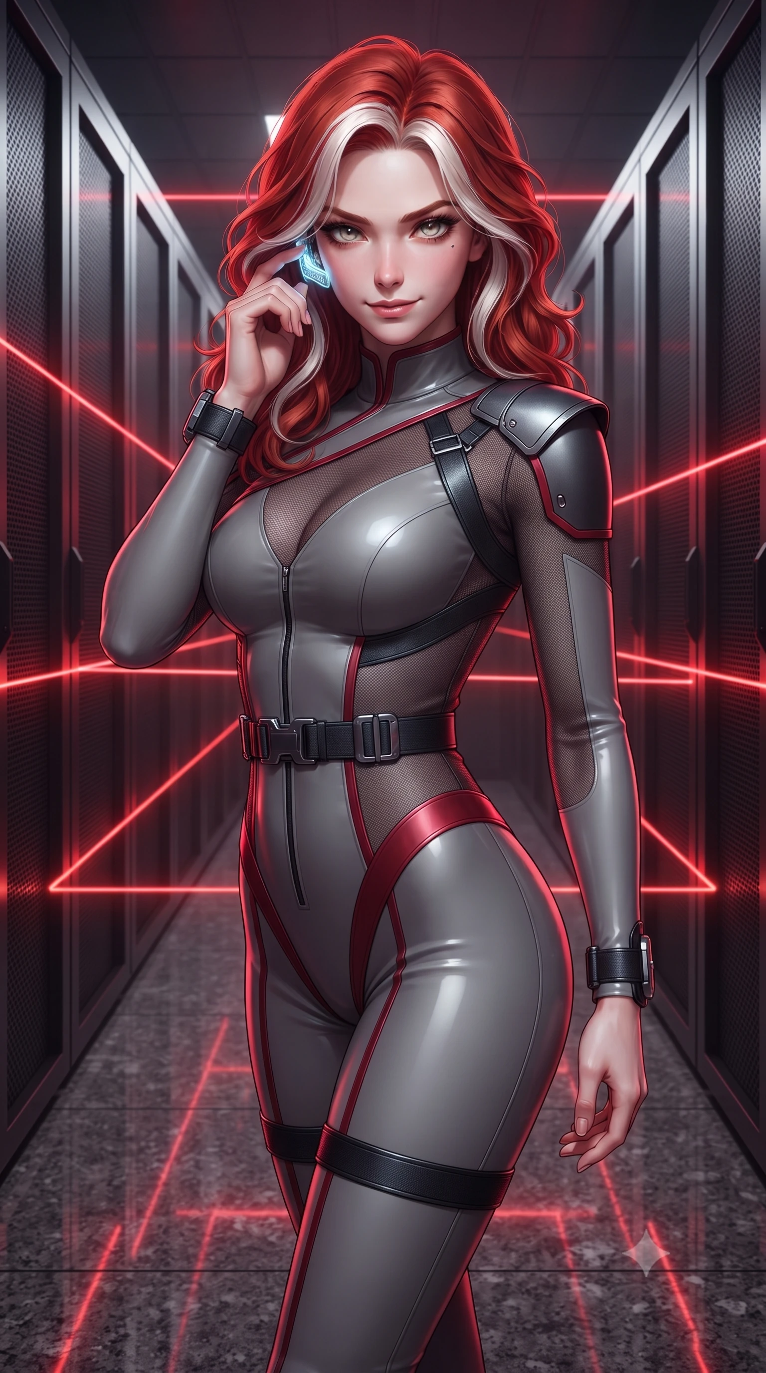 score_9, masterpiece, best quality, ultra-detailed, high-budget anime keyframe, editorial fashion photography, tasteful artistic composition, Caucasian woman. close-up cowboy shot from the waist and thighs up, the character dominates the composition, filling the frame with her large presence. radiating intense magnetic charisma with jewel-like eyes locked onto the viewer, her upper body turning in a dynamic, fluid S-curve while standing poised between narrow laser beam corridors, tapping her holographic earpiece with a cool, triumphant smirk. The surrounding environment is rendered in vivid detail and crisp panoramic clarity. sharp laser beam focus points, brushed dark titanium server rack grilles, and granite floor reflections in deep focus. She has an exceptionally elegant, slender, and willowy female figure with an ultra-slim waist, a gracefully sculpted slender torso, toned flat midriff, and a refined slim silhouette. sharp v-shaped jawline, high-bridge nose, intricate jewel-like eyes with depth, thick eyelashes, glossy lips with a natural sheen, captivating and magnetic expression, flawlessly proportioned anatomical accuracy, strict slender model proportions, natural body alignment, perfectly sculpted long slender limbs, ultra-slim waistline, clean dynamic posture without body distortion. wearing a sharp asymmetrical spy bodysuit with sheer contouring mesh panels, reinforced strike shoulders, and utility waist harness in storm grey and dark scarlet trim, made of high-mobility liquid jersey and semi-opaque reinforced mesh, accented with concealed lockpick wristbands and polished dark chrome hardware, the liquid-tight tailored fabric emphasizing every curve of her tall, slender model proportions and sculptured silhouette during dynamic movement. surrounded by a deadly, sophisticated, and irresistibly alluring secret agent femme fatale aura. ultra-reflective glossy finish, specular highlights, rich textural contrasts, high-contrast stereoscopic depth, volumetric dynamic lighting, 2k, ultra detail, master piece, 9:16 ratio
