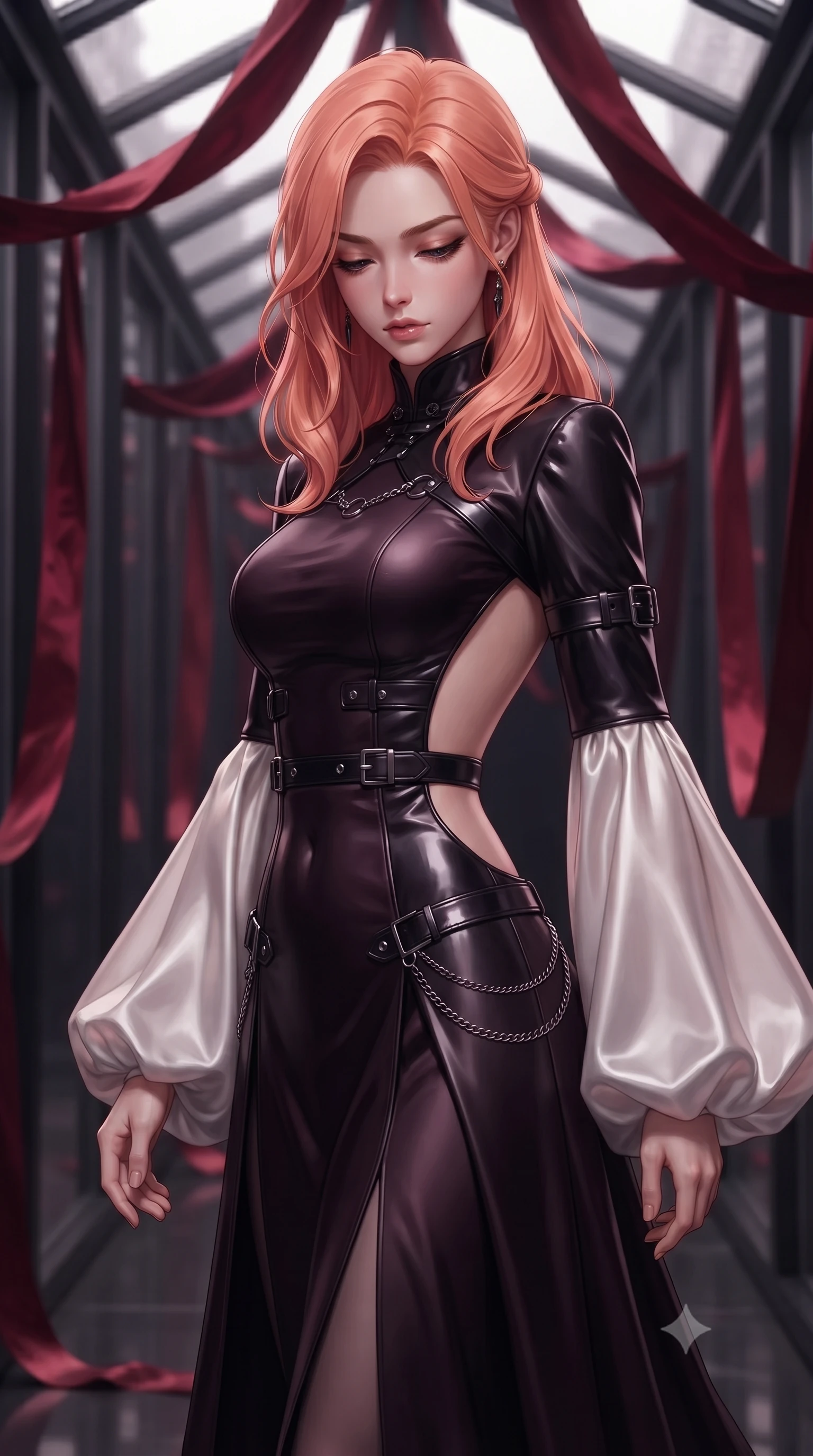 score_9, masterpiece, best quality, ultra-detailed, high-budget anime keyframe, editorial fashion photography, tasteful artistic composition, Japanese woman. close-up cowboy shot from the waist and thighs up, the character dominates the composition, filling the frame with her large presence, background elements kept in soft focus. Looking down with lowered lashes and a composed, powerful dark aura, walking down a glass corridor draped in heavy dark crimson silk ribbons, daring open-back design accentuating her ultra-slim waistline. She has an exceptionally elegant, slender, and willowy female figure with an ultra-slim waist, a gracefully sculpted slender torso, and a refined silhouette. sharp v-shaped jawline, high-bridge nose, intricate jewel-like eyes with depth, thick eyelashes, glossy lips with a natural sheen. wearing gothic high-collar dark plum silk evening gown with bell sleeves in pearl white, made of polished black leather, framed by dark titanium buckles and silver chain details, accentuating her gracefully sculpted slender torso. bathed in rich dark crimson tones and deep pitch-black ambient shadows. ultra-reflective glossy finish, specular highlights, metallic sheen, high-contrast stereoscopic depth, volumetric dynamic lighting, 2k, ultra detail, master piece, 9:16 ratio
