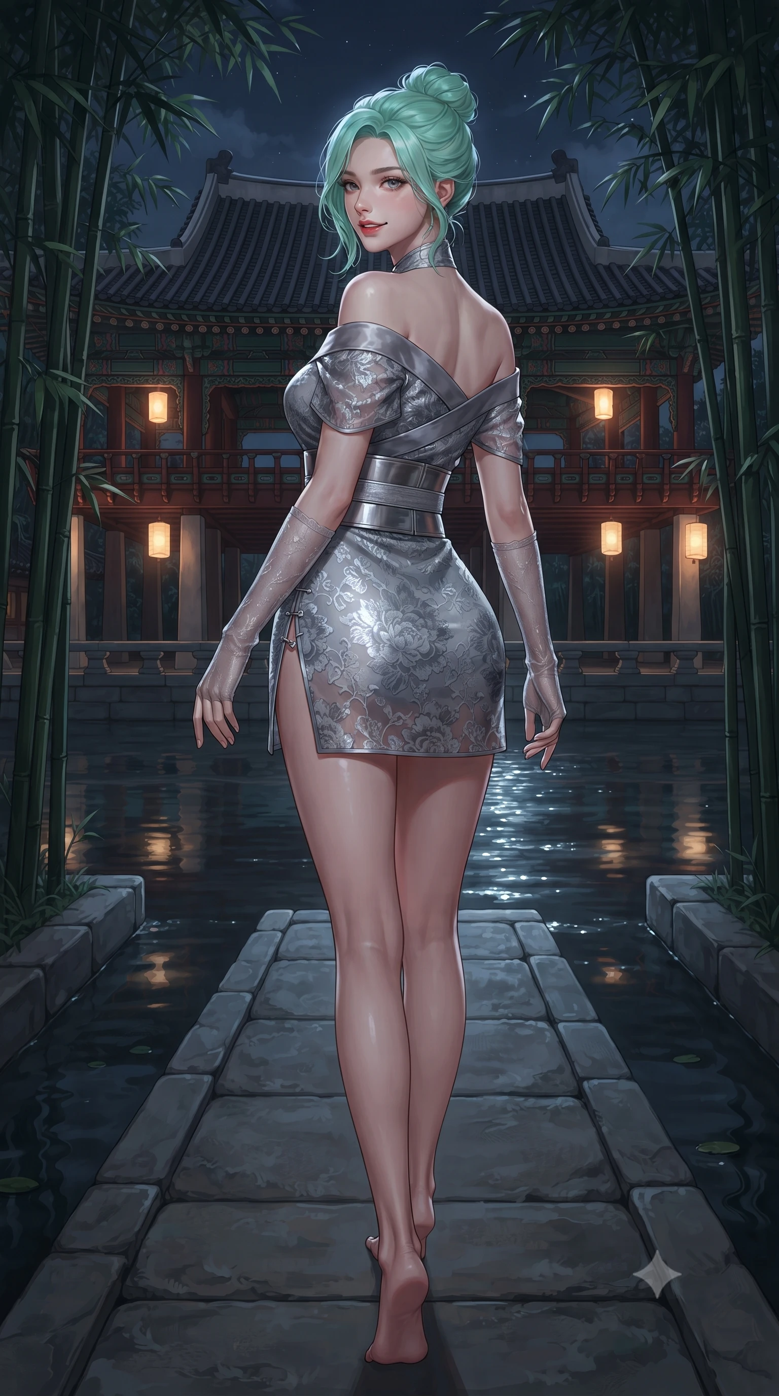 score_9, masterpiece, best quality, ultra-detailed, high-budget anime keyframe, editorial fashion photography, tasteful artistic composition, Japanese woman. low angle full-body shot from head to toe showing her feet, filling the entire 9:16 vertical frame with her statuesque presence, stretching her vertical silhouette. walking slowly through the bamboo pathway, looking back over her shoulder with an air of effortless oriental grace and an alluring, smoldering smile while twisting her slender torso in an alluring S-curve, silver moonbeams rippling across the dark water surface and highlighting her narrow waist and curvy hips. The surrounding environment is rendered in vivid detail and crisp panoramic clarity: detailed silk organza weave, moonlight specular reflections on skin, and classical Korean palace architecture in high resolution. She has an absolutely perfect, statuesque 8.5-heads proportion, an exceptionally tall and slender model-like female figure with impossibly long slender legs, an ultra-slim waist, a flat toned midriff, narrow delicate ribcage, and beautifully sculpted feminine hips creating a graceful, slim hourglass silhouette without any bulky heaviness. sharp v-shaped jawline, high-bridge nose, intricate jewel-like dark sparkling almond eyes with depth, thick lashes, glossy parted lips with a natural rose-plum sheen, bright alluring and coquettish smile with bedroom-eyes, exuding both timeless oriental elegance and sovereign high-fashion allure, flawlessly proportioned anatomical accuracy, strict slender model proportions, natural body alignment, perfectly sculpted long slender limbs, ultra-slim waistline, clean dynamic posture without body distortion. wearing an asymmetric off-shoulder cyber-kimono mini dress with a wide metallic obi corset belt accentuating her narrow waist in misty ink-wash slate grey and liquid silver, woven from delicate semi-opaque floral lace with oriental peony patterns, complemented by delicate sheer silk fingerless gloves reaching past her elbows, the precision-cut side hip slits and low-back scoop framing her graceful spine and the sensual sweep of her slim, toned hips. illuminated by warm paper lantern reflections on the pond water and sharp platinum rim lights defining her razor-sharp jawline, narrow waist, and curvy hips. ultra-reflective glossy finish, specular highlights, rich textural contrasts, high-contrast stereoscopic depth, volumetric dynamic lighting, 2k, ultra detail, master piece, 9:16 ratio