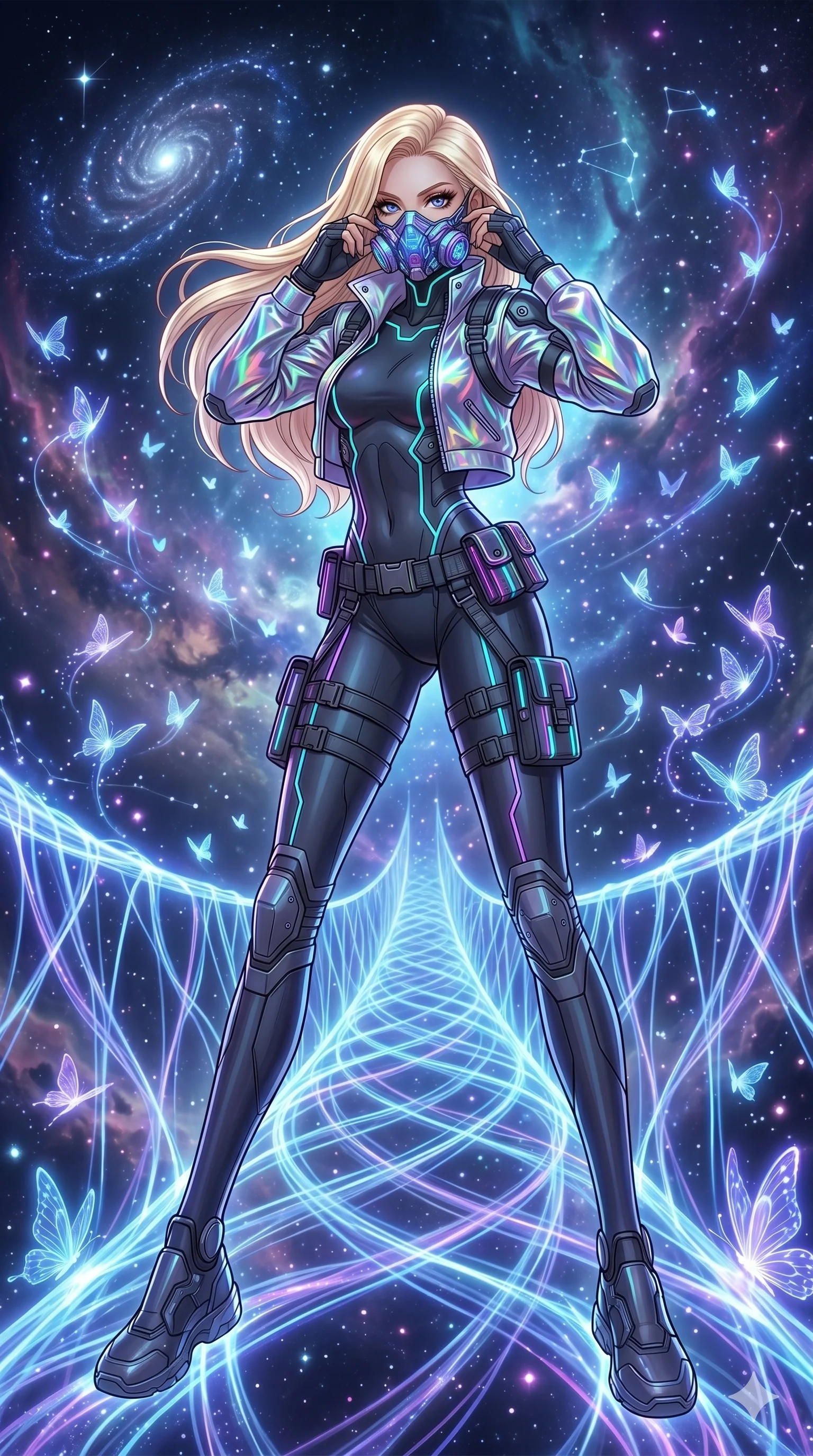score_9, masterpiece, best quality, ultra-detailed, high-budget anime movie keyframe, cinematic anime lighting, intricate line art, Japanese anime girl. Low angle cowboy shot filling the entire 9:16 frame with her statuesque presence. adjusting a glowing mask in a celestial bridge made of light surrounded by glowing butterflies. She has an absolutely perfect 8-heads proportion, an exceptionally tall and slender female figure with an ultra-slim waist and impossibly long slender legs. sharp v-shaped jawline, high-bridge nose, intricate jewel-like eyes, thick eyelashes, glossy lips. Wearing modern urban tech-wear ensemble with a cropped reflective bomber jacket, ultra-slim high-waisted cargo leggings, and tactical harness with neon-lit pouches. The scene is illuminated by dramatic atmospheric lighting and vibrant color palettes. 2k, ultra detail, master piece, 9:16 ratio
