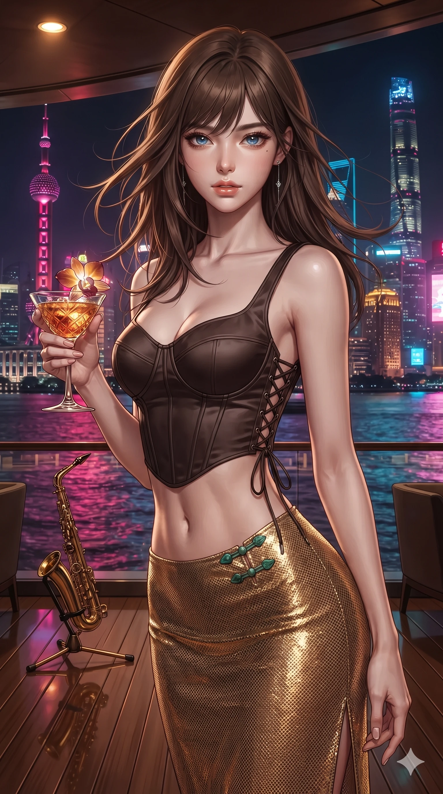 score_9, masterpiece, best quality, ultra-detailed, high-budget anime keyframe, editorial fashion photography, tasteful artistic composition, Korean woman. close-up cowboy shot from the waist and thighs up, the character dominates the composition, filling the frame with her large presence. perched sideways on the vintage settee, one knee drawn up to showcase her slender leg line while her arched back accentuates her feminine hip curve while standing poised on the polished teak terrace beside a vintage brass saxophone stand, twisting her slender torso in an alluring S-curve while holding a cocktail glass as river breezes whip her dress. The surrounding environment is rendered in vivid detail and crisp panoramic clarity: rich high-contrast Shanghai modern noir chiaroscuro and ultra-luxury Oriental grand touring aesthetics in precision. She has an exceptionally elegant, slender, and willowy female figure with an ultra-slim waist, flat toned midriff, narrow ribcage, and sculpted feminine hips creating an alluring, slim hourglass silhouette without bulk. sharp v-shaped jawline, high-bridge nose, intricate jewel-like sparkling eyes with depth, thick eyelashes, glossy parted lips with a natural sheen, intensely captivating and seductive bedroom-eyes expression, exuding both youthful cute charm and sovereign luxury allure, flawlessly proportioned anatomical accuracy, strict slender model proportions, natural body alignment, perfectly sculpted long slender limbs, ultra-slim waistline, clean dynamic posture without body distortion. wearing a sculpted matte satin underwire crop corset with lace-up side ties paired with a low-rise micro skirt in dark espresso brown and molten gold foil, crafted from stretch micro-mesh with liquid foil coating that shimmers with every movement, finished with sleek jade frog closures glinting along her high collar, the form-contouring cut accentuating her sculpted flat midriff, narrow delicate ribcage, and gracefully curvy hips with intoxicating allure. bathed in vibrant magenta and electric cyan river skyline reflections contrasting with warm amber interior downlights. ultra-reflective glossy finish, specular highlights, rich textural contrasts, high-contrast stereoscopic depth, volumetric dynamic lighting, 2k, ultra detail, master piece, 9:16 ratio