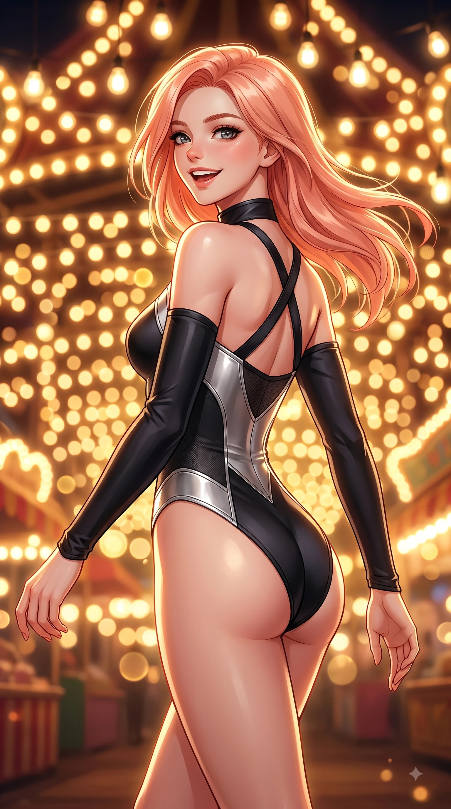 score_9, masterpiece, best quality, ultra-detailed, high-budget anime keyframe, editorial fashion photography, tasteful artistic composition, Japanese woman. close-up cowboy shot from the waist and thighs up, the character dominates the composition, filling the frame with her large presence, background elements kept in soft focus. Cheerful beaming smile with parted lips, exuding pure enchanting charm while turning dynamically toward the camera while stepping happily down a lit amusement park avenue surrounded by glowing light bulbs, thousands of warm vintage light bulbs casting glowing golden circles in soft bokeh. She has an exceptionally elegant, slender, and willowy female figure with an ultra-slim waist, a gracefully sculpted slender torso, and a refined silhouette. sharp v-shaped jawline, high-bridge nose, intricate jewel-like eyes with depth, thick eyelashes, glossy lips with a natural sheen, flawlessly proportioned anatomical accuracy, natural body alignment, perfectly sculpted elegant limbs, clean dynamic posture without body distortion. wearing an asymmetrical high-cut tech-bodysuit with detached sleeves in matte black and polished silver, crafted from lustrous satin jersey with fluid draping, complemented by criss-cross back straps highlighting her bare shoulders, the tailored fabric tightly following every curve of her athletic build. illuminated by cheerful festive backlighting with soft golden bokeh bubbles. highly saturated vibrant anime colors, detailed shading with soft gradients, rich glossy textures, high-contrast stereoscopic depth, volumetric dynamic lighting, master piece, 9:16 ratio