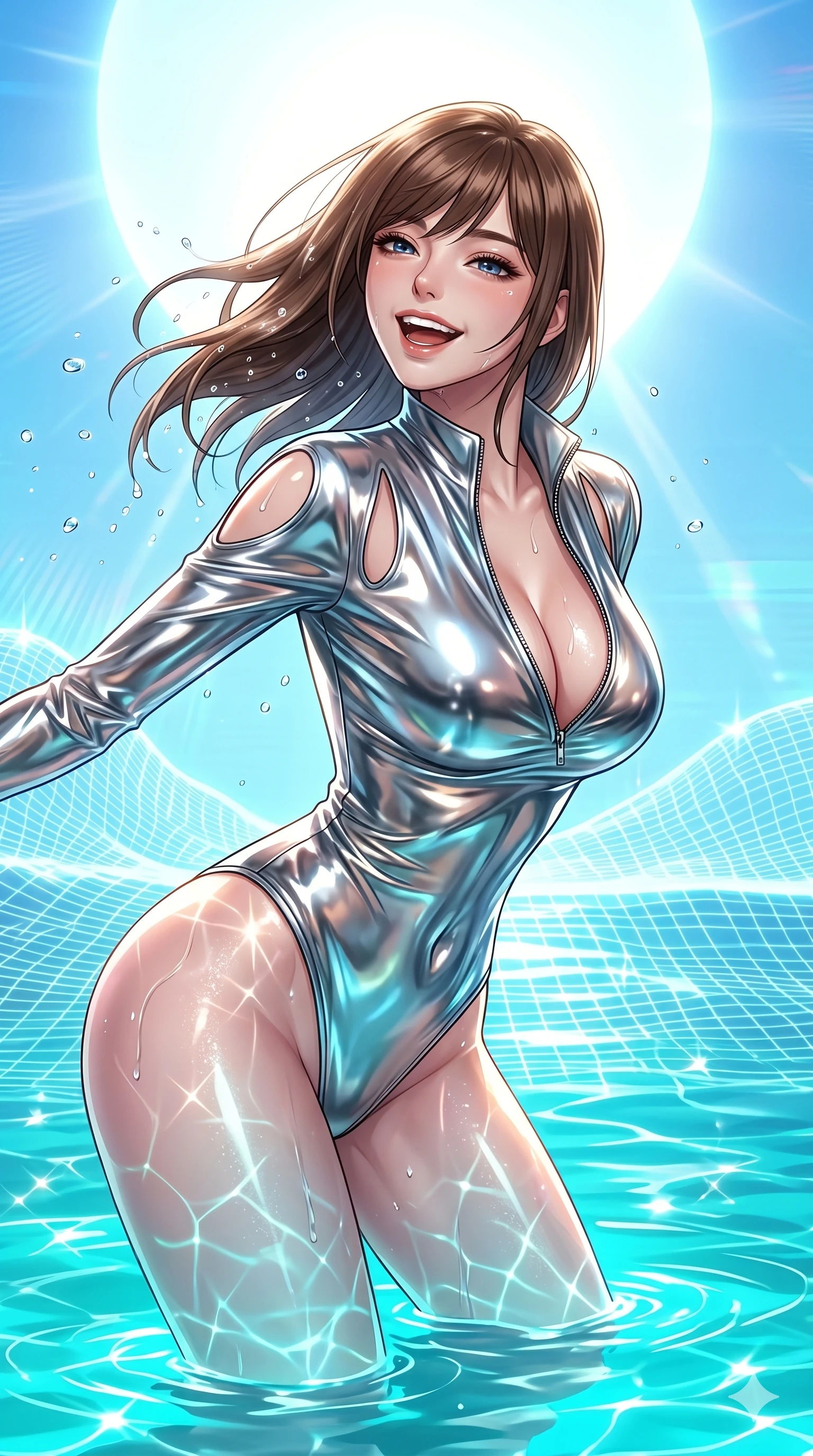 score_9, masterpiece, best quality, ultra-detailed, high-budget anime keyframe, Korean woman. Upper body close-up from the thighs up, character filling the screen for maximum presence. She is emerging from a virtual holographic ocean under a giant artificial sun. She arches her back, shaking water droplets from her hair with a free-spirited, enticing laugh. She has an absolutely perfect 8-heads proportion, an exceptionally tall and slender female figure with impossibly long slender legs and an ultra-slim waist. V-shaped jawline, high-bridge nose, intricate jewel-like eyes with depth, thick eyelashes, glossy lips with a natural sheen. She is wearing a form-fitting top made of molten liquid-mercury fabric that clings to her curves, with strategic tear-drop shoulder cutouts and a dangerously unzipped front collar. The scene is drenched in bright midday beach sun and sparkling caustic reflections from the neon turquoise water. 2k, ultra detail, master piece, 9:16 ratio