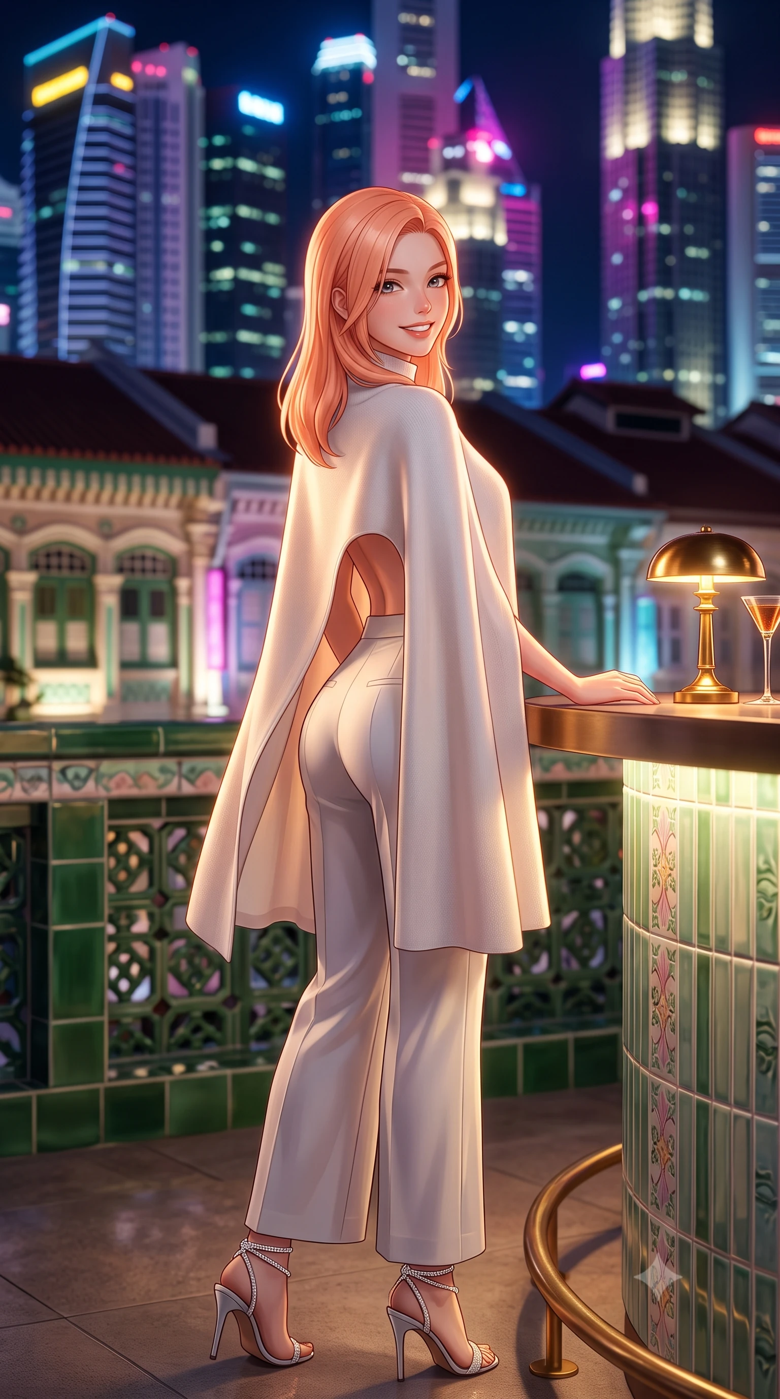 score_9, masterpiece, best quality, ultra-detailed, high-budget anime keyframe, semi-realistic 3D game render, editorial fashion photography, tasteful artistic composition, Japanese woman. close-up cowboy shot from the waist and thighs up, the character dominates the composition, filling the frame with her large presence. posing in an alluring rear three-quarter angle, looking over a bare shoulder with parted glossy lips, her hips cocked back to highlight her slim hourglass curve while twisting her slender torso in an alluring contrapposto stance beside the illuminated bar, warm cocktail lamp light tracing her flat midriff and curvy hips. The background shows a soft-focus vivid green and pastel glazed Peranakan tiles, historic shophouse rooflines contrasted with soaring illuminated CBD skyscrapers, blurred into jade, ruby, and sapphire bokeh. She has an exceptionally elegant, slender, and willowy female figure with an ultra-slim waist, flat toned midriff, narrow ribcage, and sculpted feminine hips creating an alluring, slim hourglass silhouette without bulk. sharp v-shaped jawline, high-bridge nose, intricate jewel-like sparkling eyes with depth, thick eyelashes, glossy parted lips with a natural peach sheen, bright cheerful beaming smile with an enchanting and coquettish sensual glint, exuding both youthful cute charm and seductive allure, flawlessly proportioned anatomical accuracy, strict slender model proportions, natural body alignment, perfectly sculpted long slender limbs, ultra-slim waistline, clean dynamic posture without body distortion. wearing a bespoke high-neck cashmere knit cape coat paired with tailored wide-leg wool trousers in pure translucent crystal white and liquid platinum, crafted from bespoke double-faced cashmere with an exceptionally soft tactile finish, complemented by strappy stiletto sandals with crystal ankle wraps accentuating her slender calves, the impeccably tailored cut draping gracefully along her slender figure with aristocratic poise. bathed in the warm golden 2300K glow of vintage brass lamps mixed with electric magenta and sapphire city skyscraper reflections. highly saturated vibrant anime colors, detailed shading with soft gradients, rich glossy textures, high-contrast stereoscopic depth, volumetric dynamic lighting, master piece, 9:16 ratio