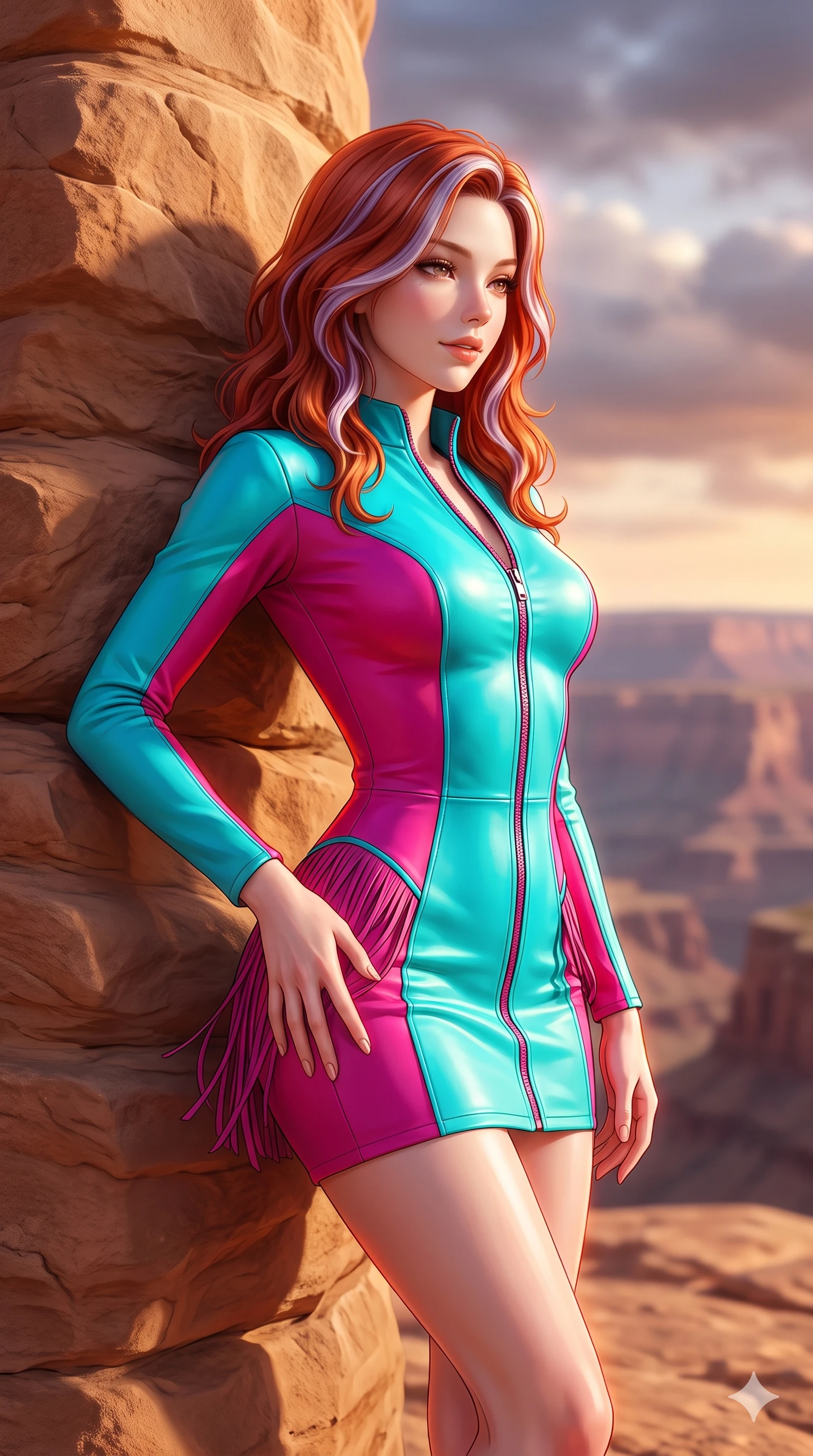 score_9, masterpiece, best quality, ultra-detailed, high-budget anime keyframe, semi-realistic 3D game render, editorial fashion photography, tasteful artistic composition, Caucasian woman. close-up cowboy shot from the waist and thighs up, the character dominates the composition, filling the frame with her large presence. tilting her head with a teasing half-smile, running one hand slowly down the side of her hip in a flirtatious S-curve as ambient light caresses her silhouette while leaning against a wind-carved sandstone pillar with hips cocked back, gazing across the glowing plateau with heavy-lidded seductive bedroom-eyes. The background shows a soft-focus sunset desert storm clouds softened in majestic canyon escarpment shallow focus. She has an exceptionally elegant, slender, and willowy female figure with an ultra-slim waist, flat toned midriff, narrow ribcage, and sculpted feminine hips creating an alluring, slim hourglass silhouette without bulk. sharp v-shaped jawline, high-bridge nose, sparkling eyes with hypnotic seductive depth, thick curled eyelashes, glossy parted lips with a natural dewy peach sheen, alluring bedroom-eyes with an enchanting coquettish smile, exuding magnetic siren charisma and sophisticated glamour, flawlessly proportioned anatomical accuracy, strict slender model proportions, natural body alignment, perfectly sculpted long slender limbs, ultra-slim waistline, clean dynamic posture without body distortion. wearing a glove-like stretch lambskin leather racer mini dress with double-ended front zipper and waist-cinching seams in blazing desert neon turquoise and fiery magenta, tailored from second-skin technical compression neoprene with athletic curve-sculpting stretch, finished with a delicate leather fringe trim fluttering along her hip line with kinetic charm, the glove-like clinging cut tightly following the natural contour of her hips and long slender legs with youthful 8.5-heads elegance. illuminated by sandstone cliff bounce and sharp vermilion-amber rim lights defining her razor-sharp jawline, narrow waist, and curvy hips. highly saturated vibrant anime colors, detailed shading with soft gradients, rich glossy textures, high-contrast stereoscopic depth, volumetric dynamic lighting, master piece, 9:16 ratio