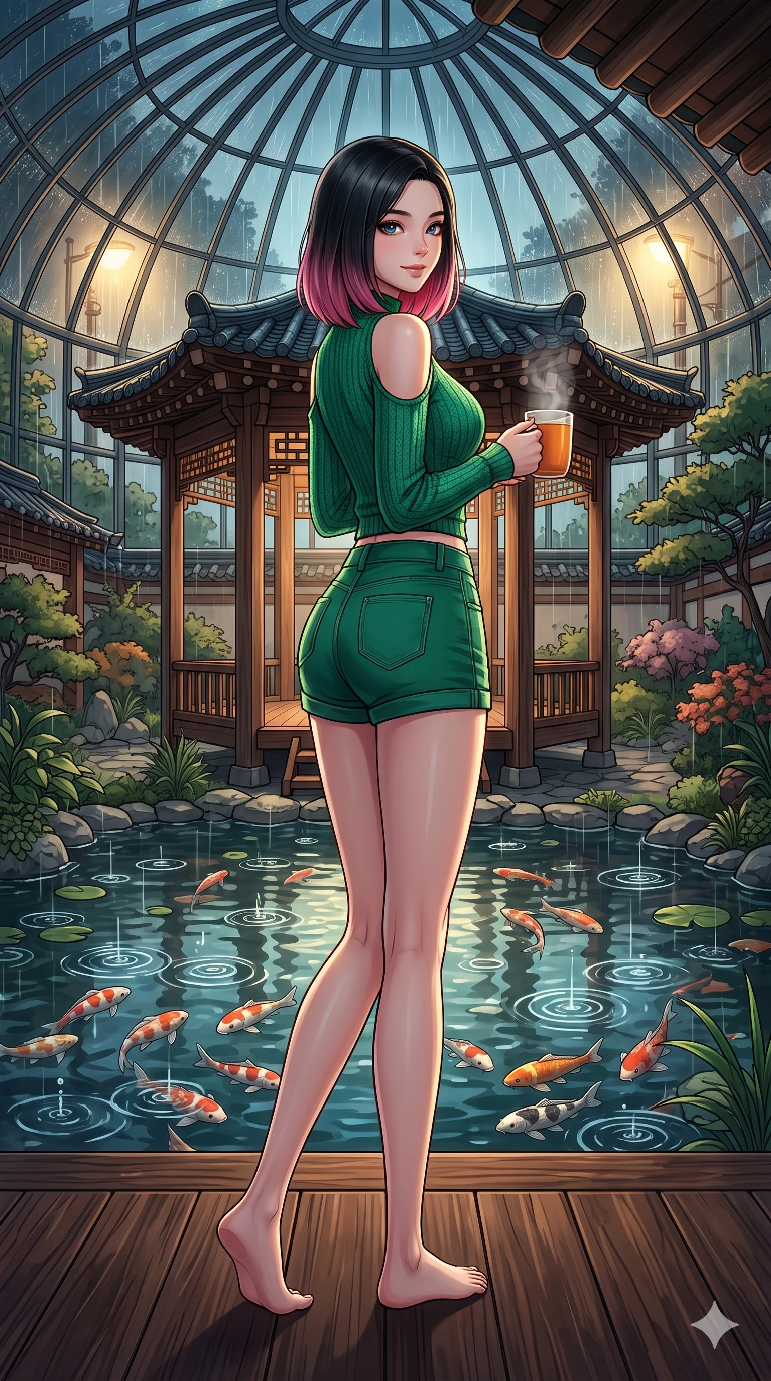score_9, masterpiece, best quality, ultra-detailed, high-budget anime keyframe, vibrant anime aesthetic, Korean woman. low angle full-body shot from head to toe showing her feet, filling the entire 9:16 vertical frame with her statuesque presence, stretching her vertical silhouette. She is holding a warm mug of tea, looking at the camera with a gentle smile, looking over her shoulder at the camera under the glass conservatory dome. on a wooden veranda of a traditional garden pavilion, watching rain ripples in a large koi pond (Code-P22-055). She has an absolutely perfect 8-heads proportion, an exceptionally tall and slender female figure with impossibly long slender legs and an ultra-slim waist. V-shaped jawline, high-bridge nose, intricate jewel-like eyes with depth, thick eyelashes, glossy lips with a natural sheen. wearing a cold-shoulder knit top with a cropped waistline and denim shorts in emerald green. She is lit by dramatic, high-contrast streetlights casting long shadows in the rain, adding depth to her jewel-like eyes in the cozy indoor garden. 2k, ultra detail, master piece, 9:16 ratio