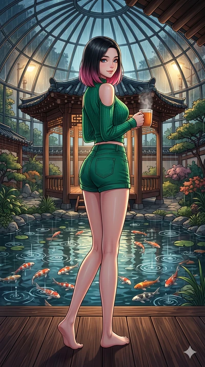 score_9, masterpiece, best quality, ultra-detailed, high-budget anime keyframe, vibrant anime aesthetic, Korean woman. low angle full-body shot from head to toe showing her feet, filling the entire 9:16 vertical frame with her statuesque presence, st