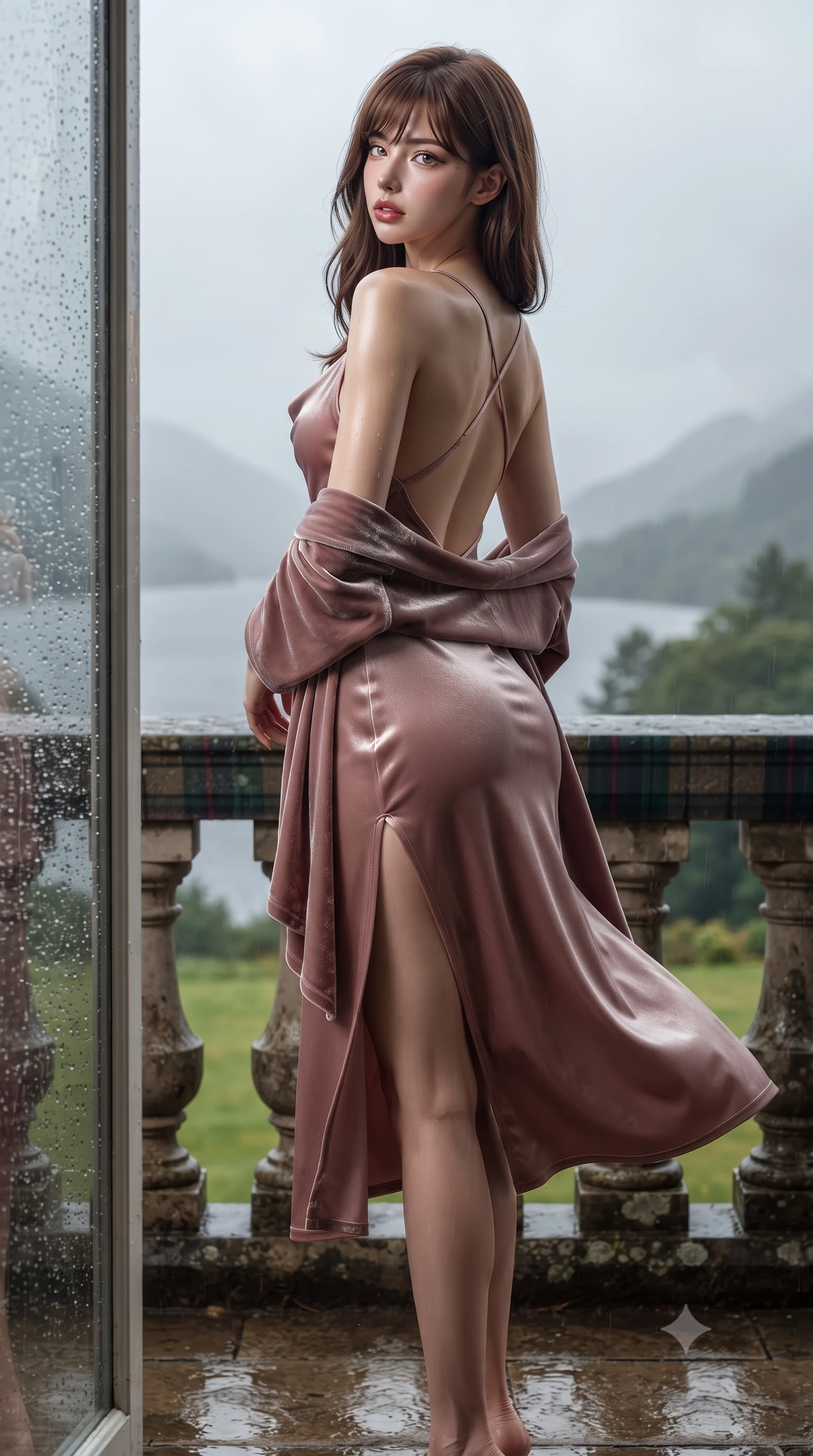 score_9, masterpiece, best quality, ultra-detailed, high-budget anime keyframe, editorial fashion photography, tasteful artistic composition, Korean woman. low angle full-body shot from head to toe showing her feet, filling the entire 9:16 vertical frame with her statuesque presence, stretching her vertical silhouette. posing with back turned slightly to the lens, glancing back with smoldering allure as she arches her lower back to emphasize her sculpted feminine hips and slender waist while leaning against the damp carved limestone terrace balustrade overlooking misty Scottish lochs, arching her lower back in an alluring S-curve as wind flutters her dress. The surrounding environment is rendered in vivid detail and crisp panoramic clarity. detailed tartan weave patterns, velvet fabric pile sheen, and rain droplet beads on glass in high clarity. She has an exceptionally tall and slender model-like 8.5-heads proportion, an ultra-slim waist, a flat toned midriff, narrow delicate ribcage, and beautifully sculpted feminine hips creating a graceful, slim hourglass silhouette without any bulky heaviness, with impossibly long slender legs. sharp v-shaped jawline, high-bridge nose, intricate jewel-like eyes with depth, thick eyelashes, glossy parted lips with a natural sheen, intensely captivating and seductive bedroom-eyes expression, flawlessly proportioned anatomical accuracy, strict slender model proportions, natural body alignment, perfectly sculpted long slender limbs, ultra-slim waistline, clean dynamic posture without body distortion. wearing a backless cowl-neck satin slip dress featuring high-cut side hip slits and delicate criss-cross back straps in dusky blush rose and shimmering champagne shimmer, crafted from heavyweight crushed silk velvet with liquid vintage luster, complemented by a plush velvet shawl draped loosely over her elbows, the second-skin form-contouring cut accentuating her sculpted flat midriff, narrow delicate ribcage, and gracefully curvy hips with supermodel precision. surrounded by an aristocratic, untamed, and dangerously captivating Scottish highland duchess aura. ultra-reflective glossy finish, specular highlights, rich textural contrasts, high-contrast stereoscopic depth, volumetric dynamic lighting, 2k, ultra detail, master piece, 9:16 ratio